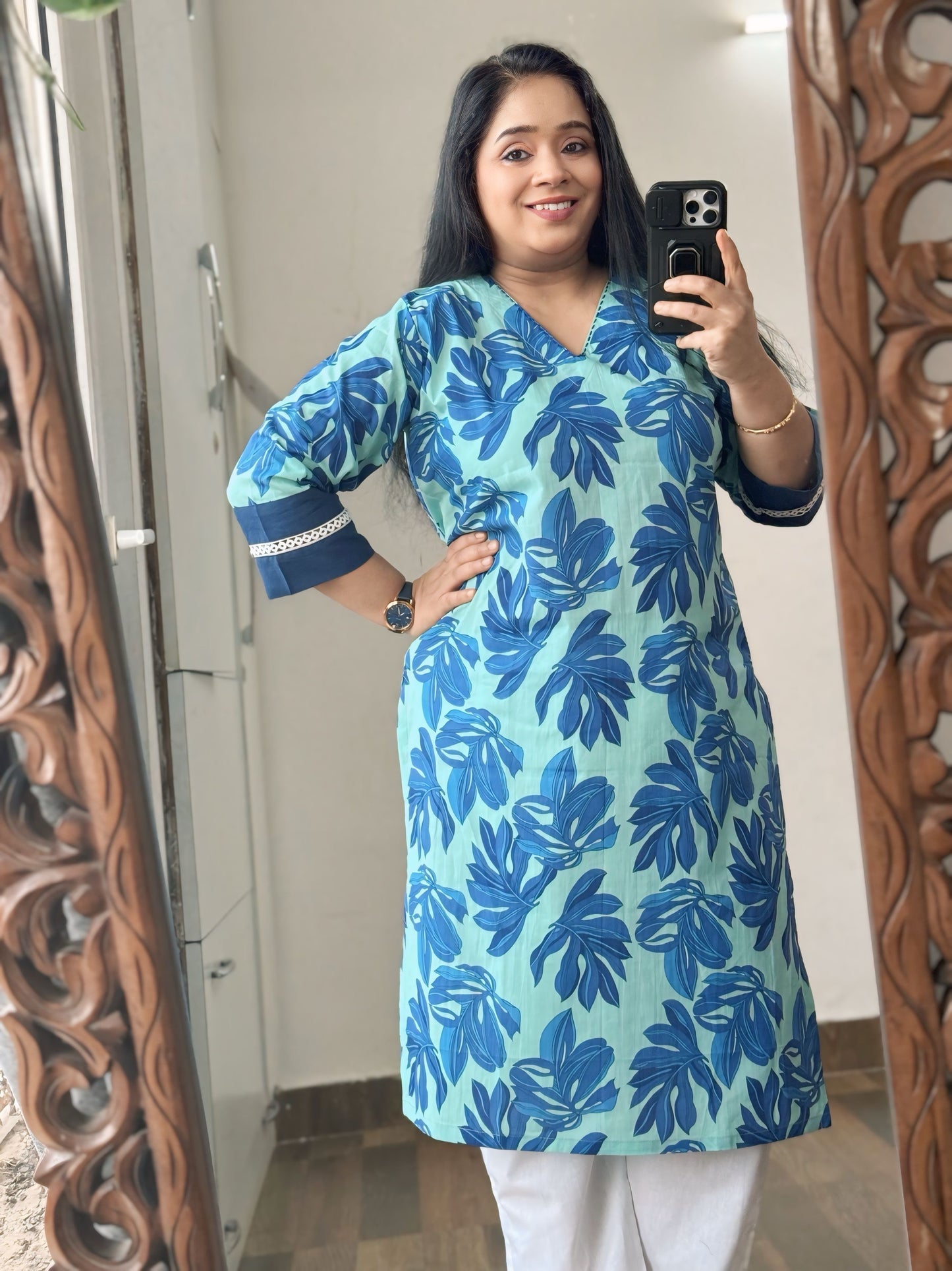 Teal Blue Floral Print Kurta