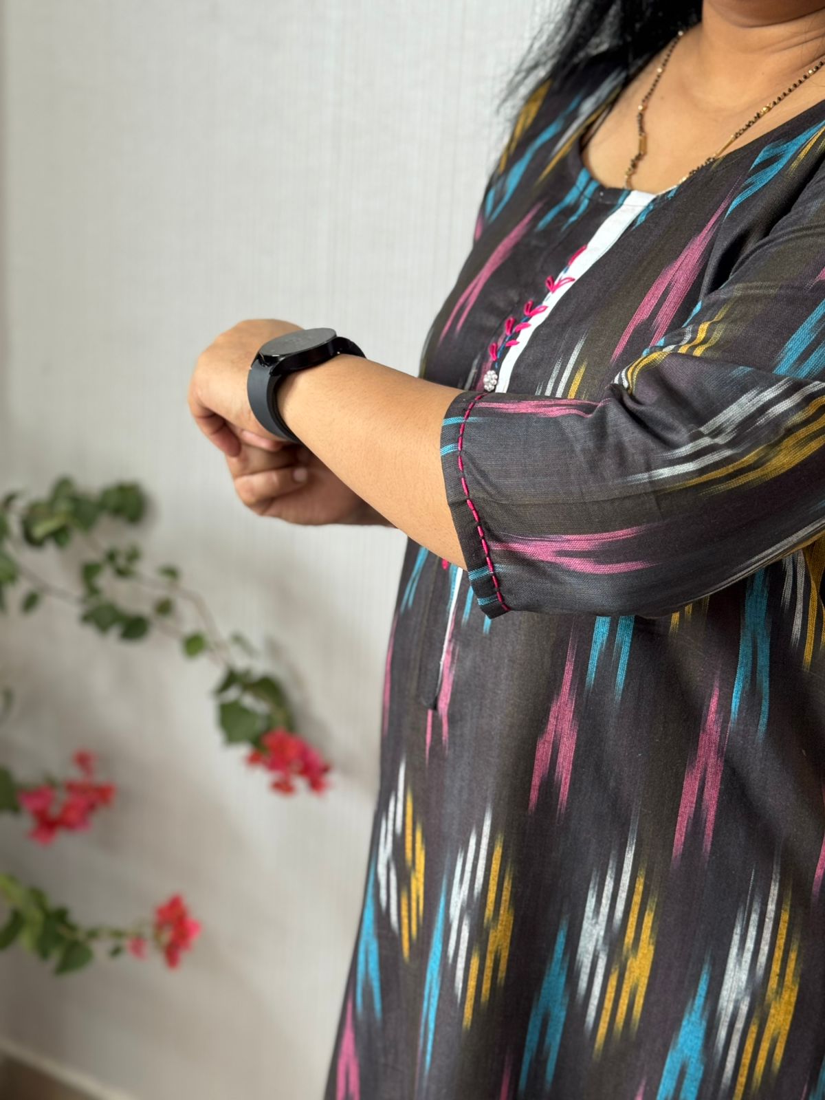 Ikkat Black-Brown Embroidered Kurta