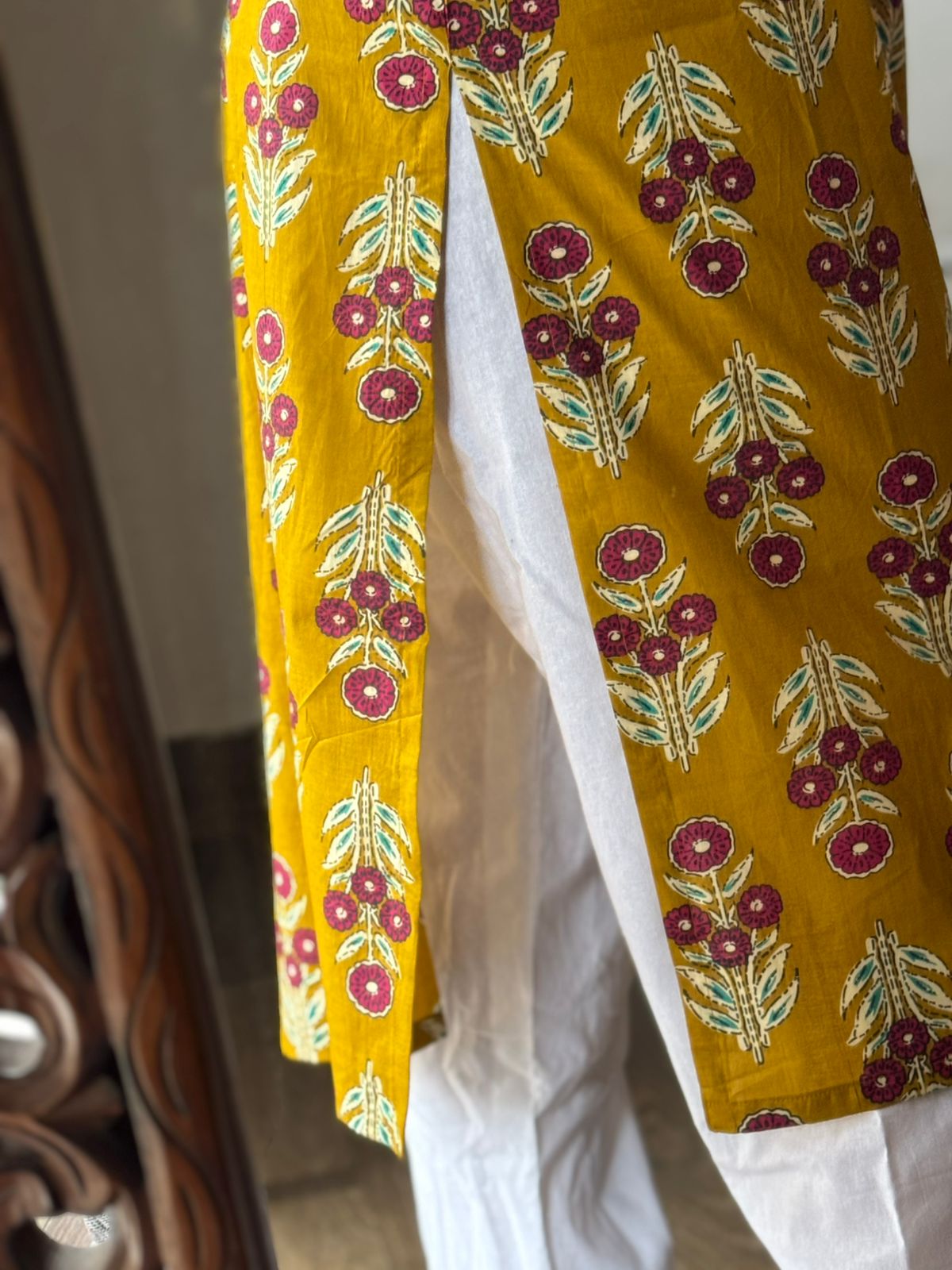 Mustard Floral Cotton Kurta for Women |