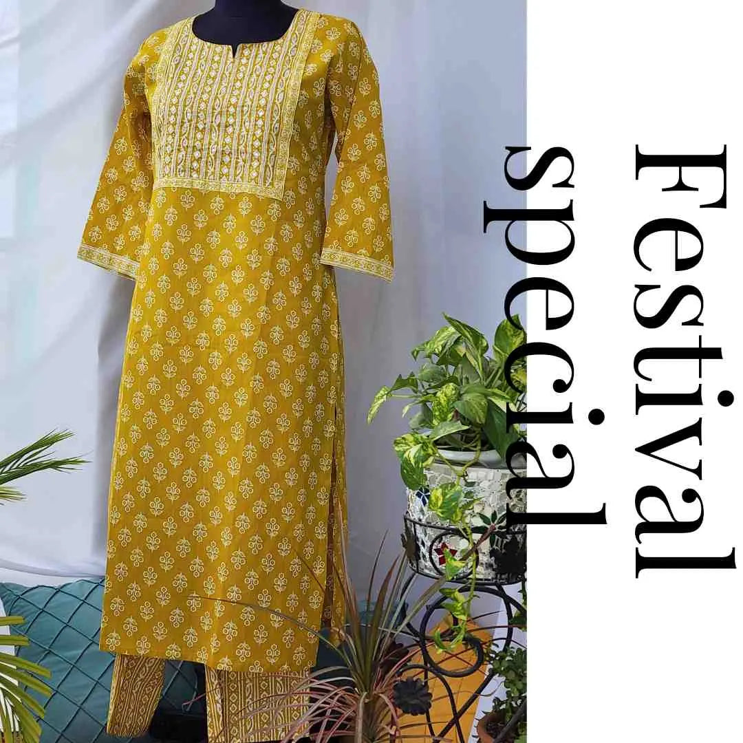 Mustard Cotton Embroidered Kurta Pant Set
