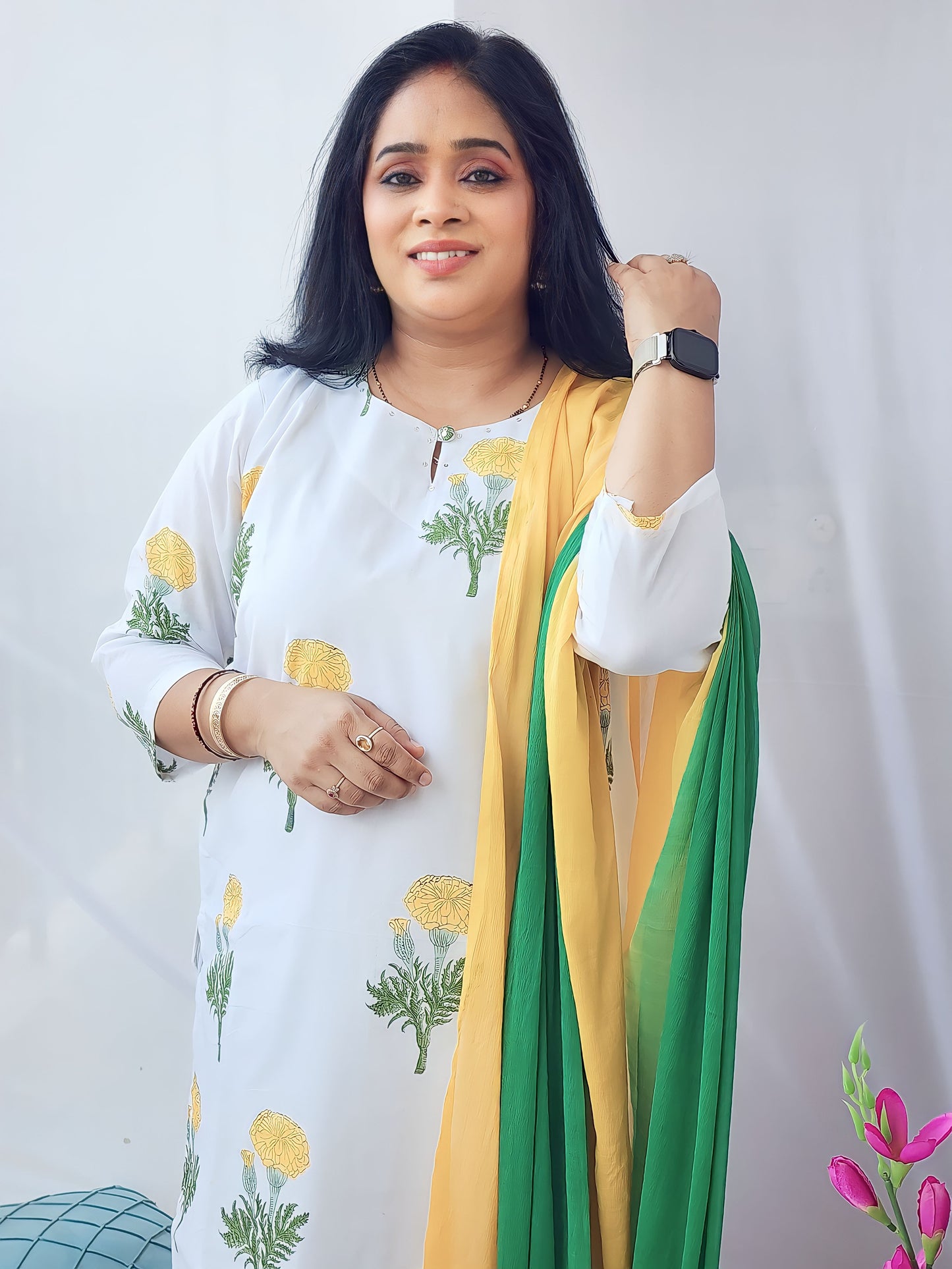 White Marigold Kurta with Chinnon Dupatta