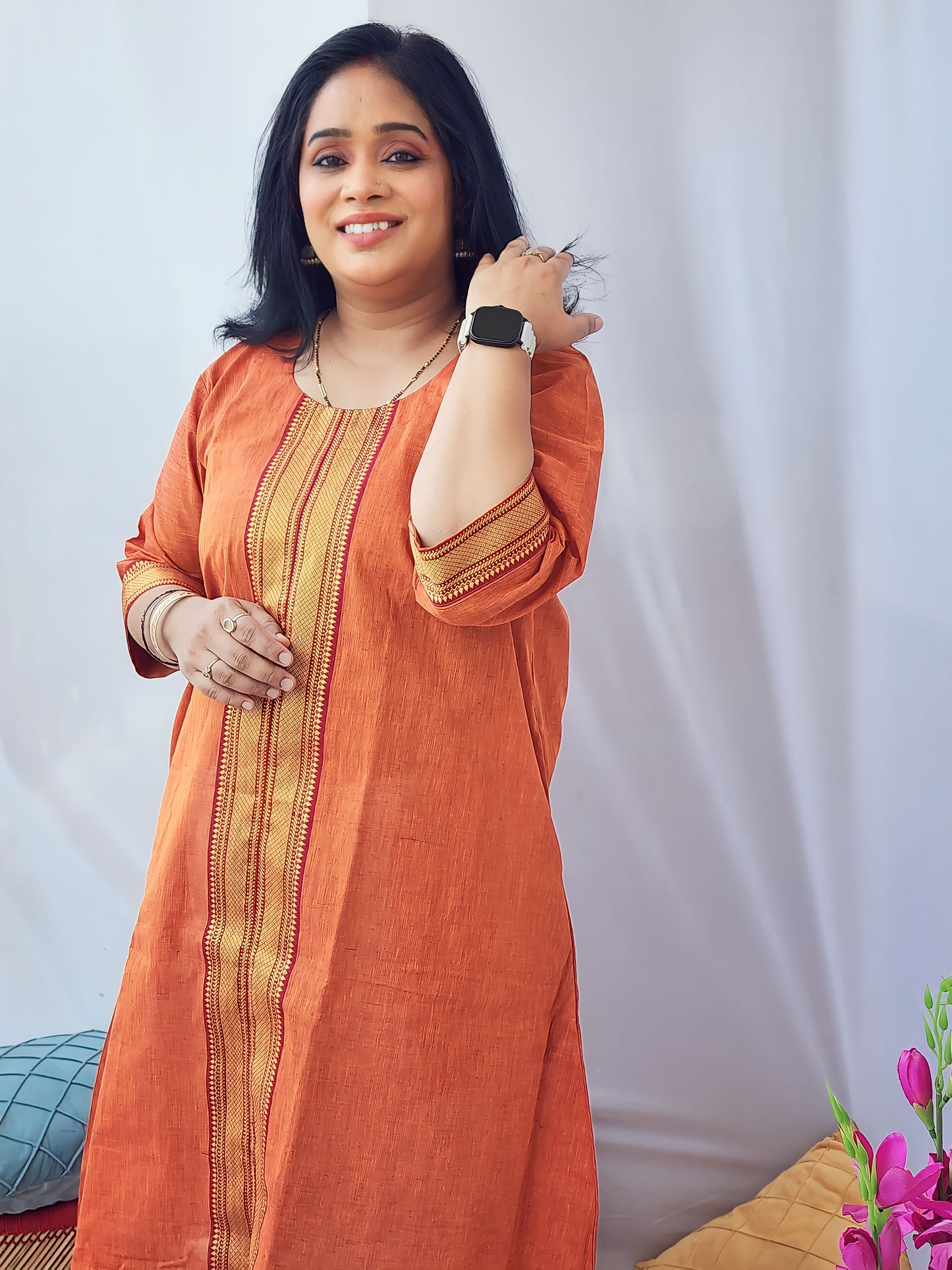 Orange Mangalgiri Cotton Kurta