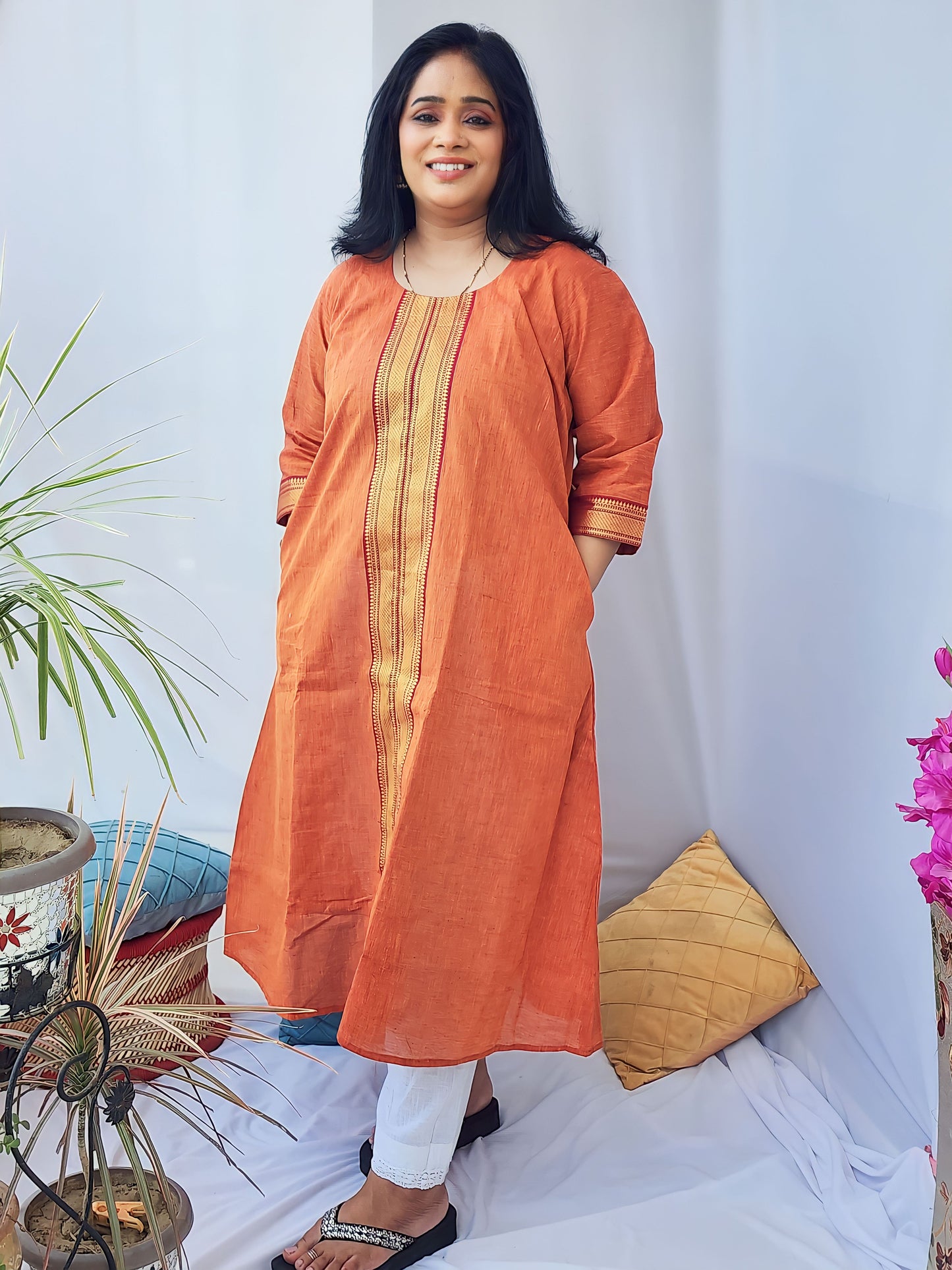 Orange Mangalgiri Cotton Kurta