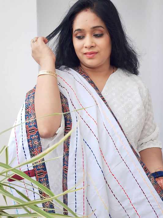 White Handwork Kantha Stole