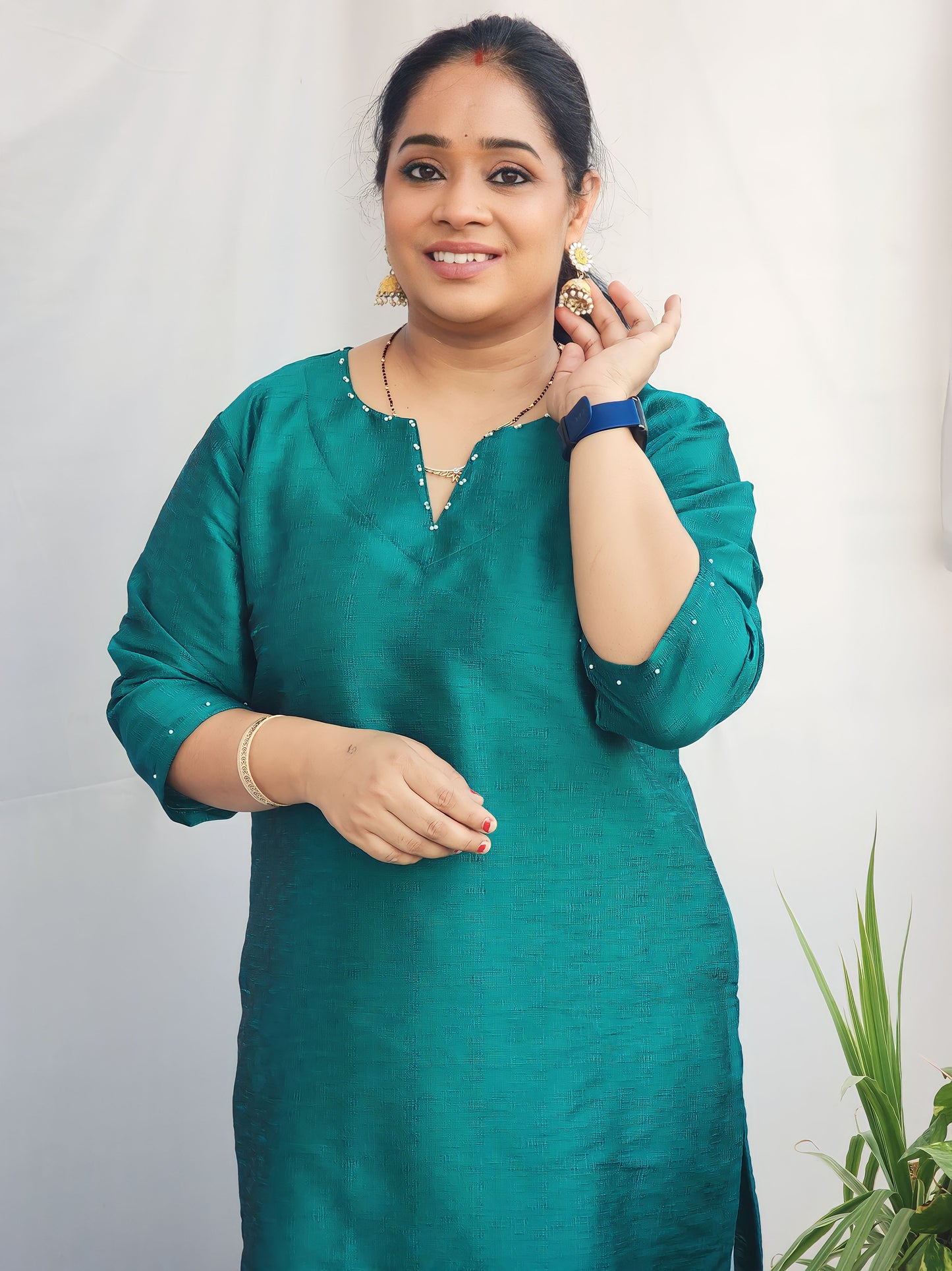 Regal Green Raw Silk Pearl Kurta