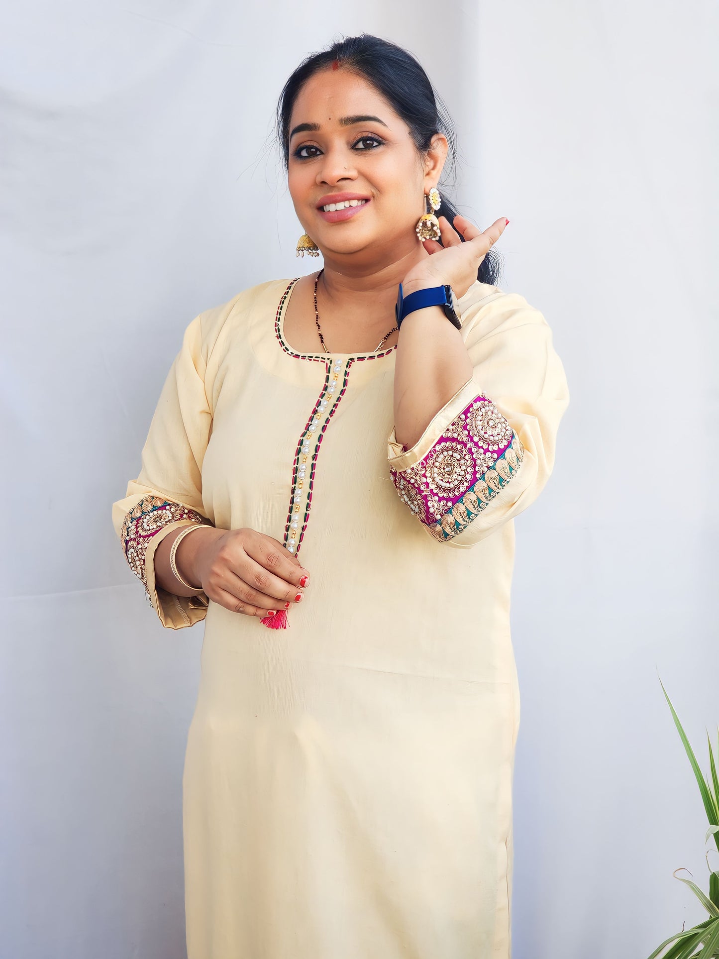 Beige Heavy Embroidered Pearl Kurta