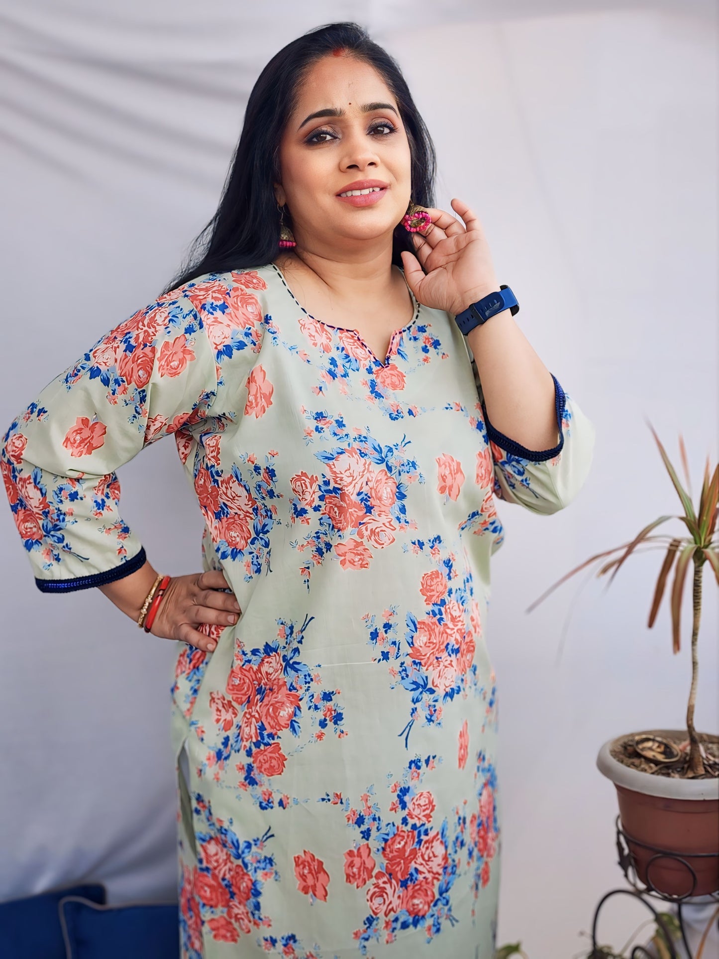 Pista floral Cotton office wear Kurta