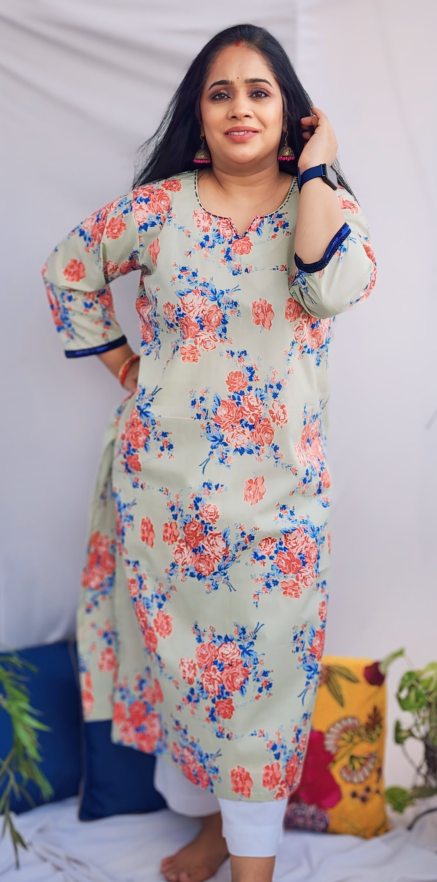 Pista floral Cotton office wear Kurta