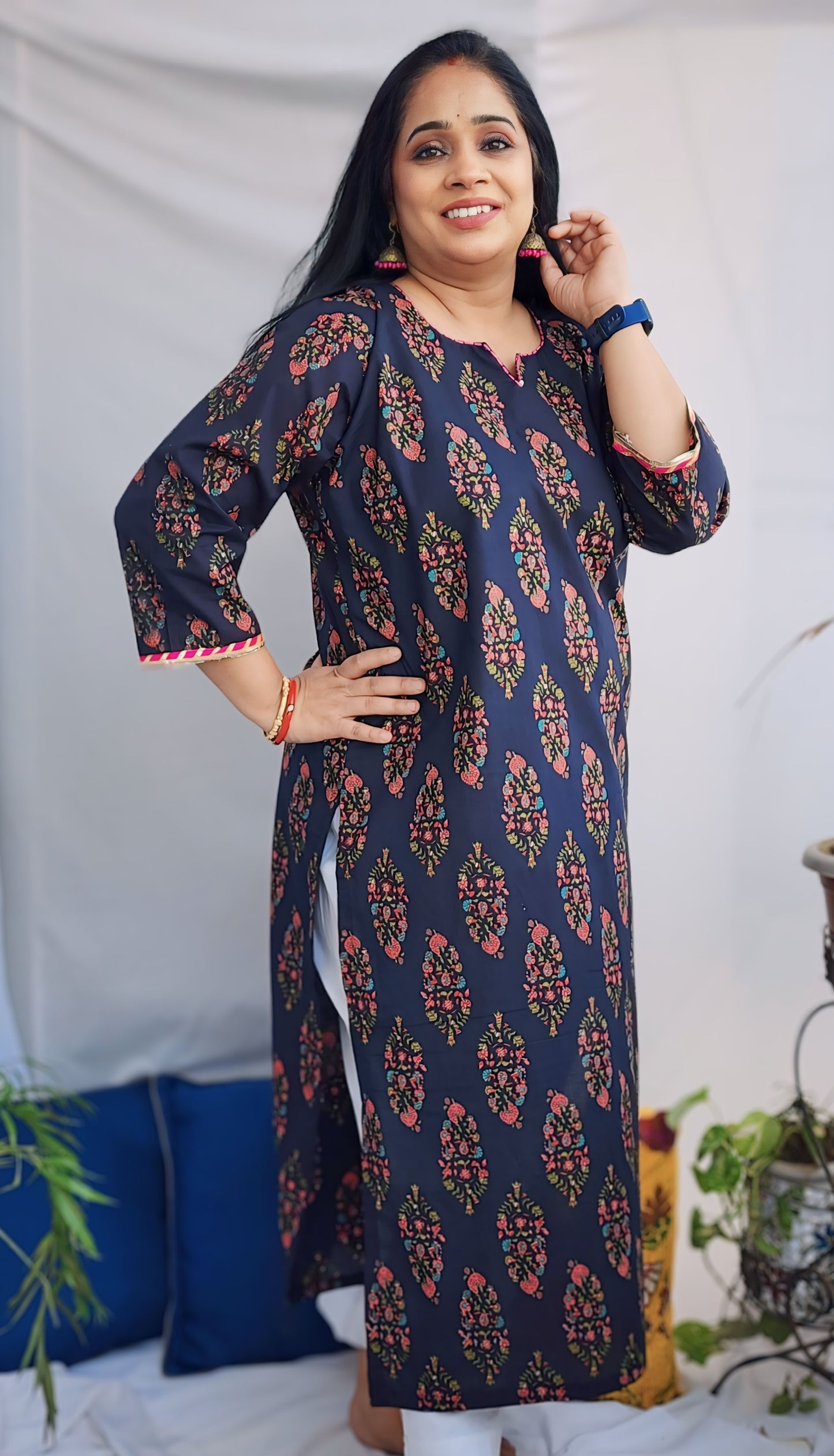 Dark Black Blue Sanganeri Thread Cotton Kurta