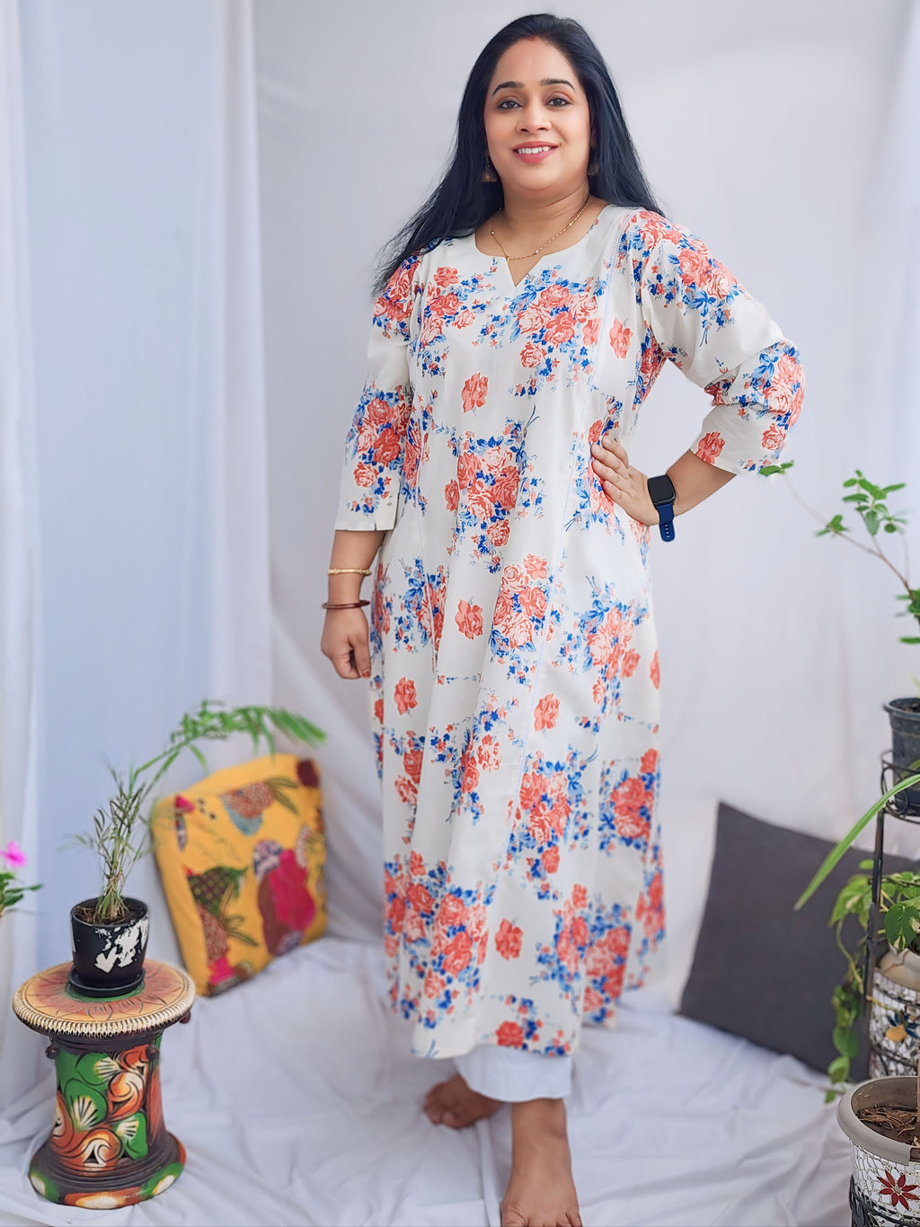 White Floral A-line Cotton Kurta with Cut work