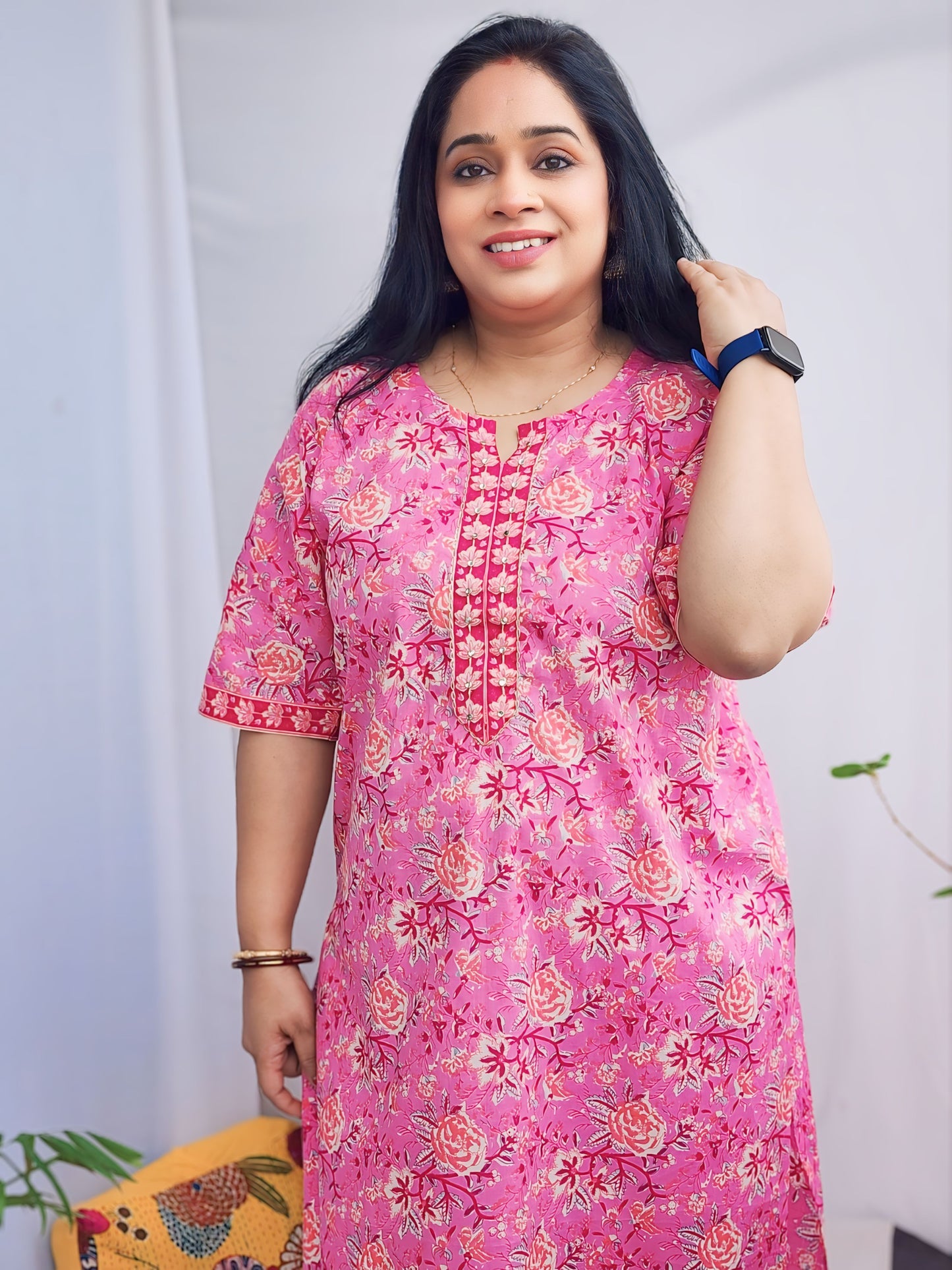 Pink Zari Cotton  Kurta Only