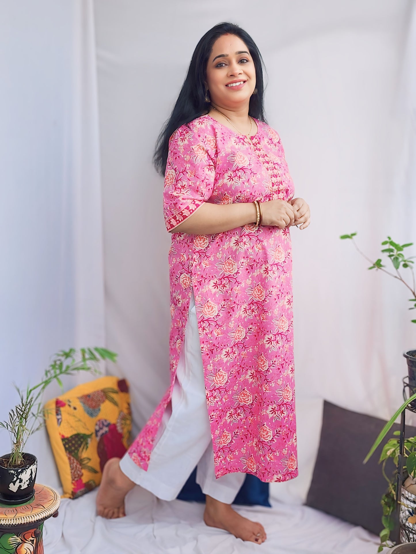 Pink Zari Cotton  Kurta Only