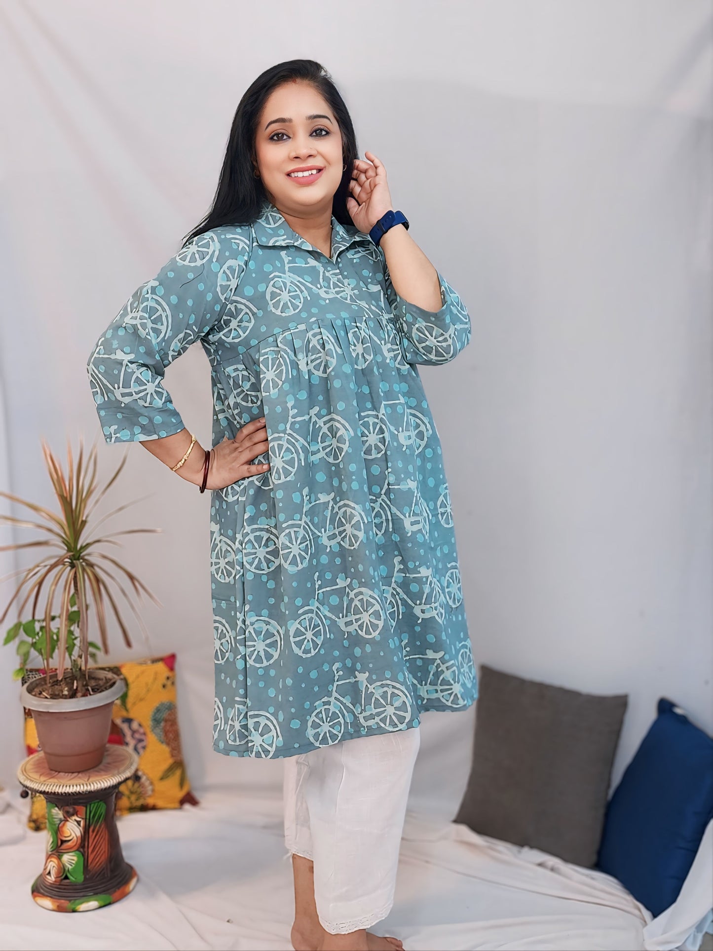 Cycle Grey print Dabu Short Kurta/Dress