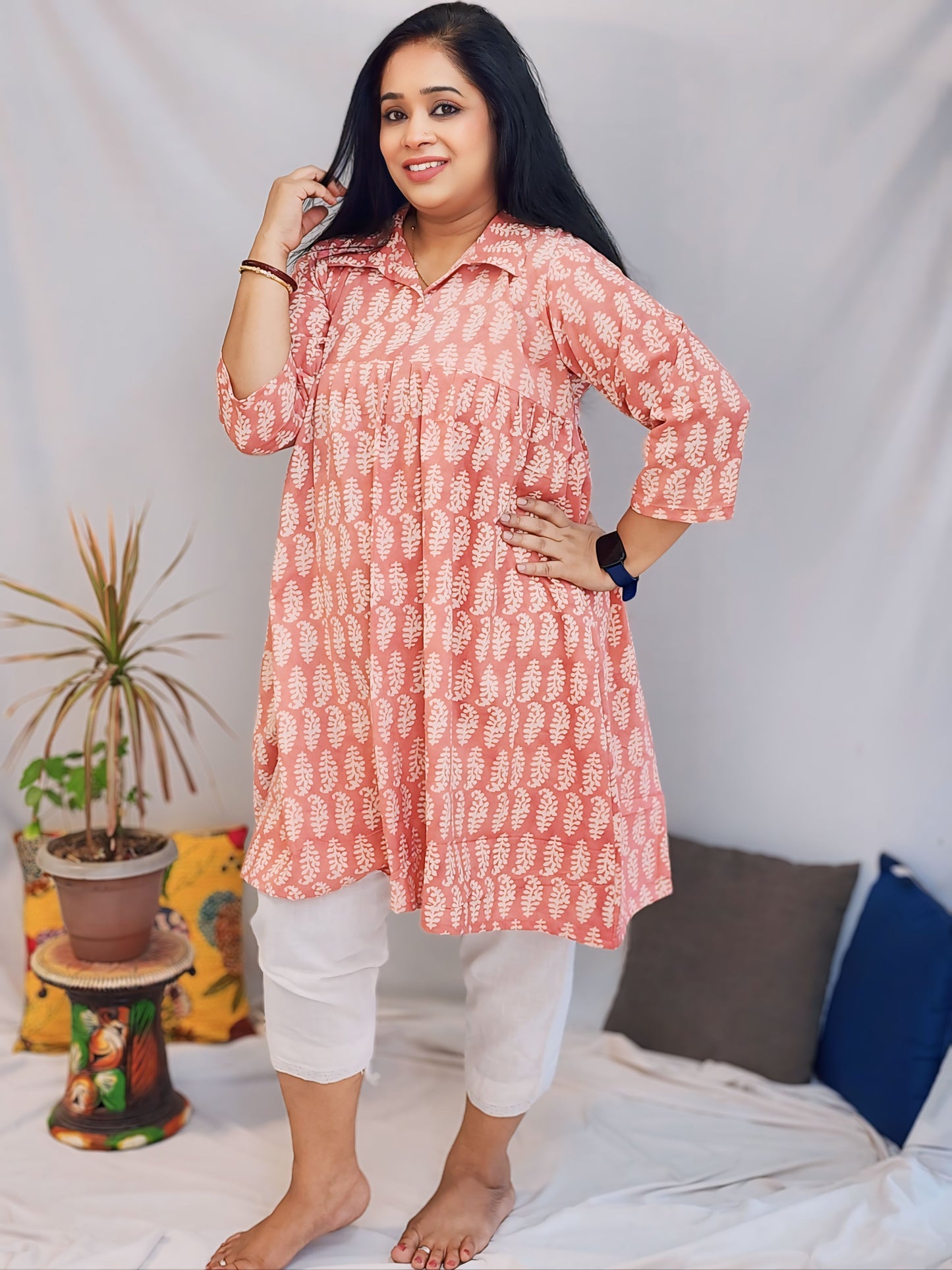 Peach flared Mul cotton Short Dress/Kurta