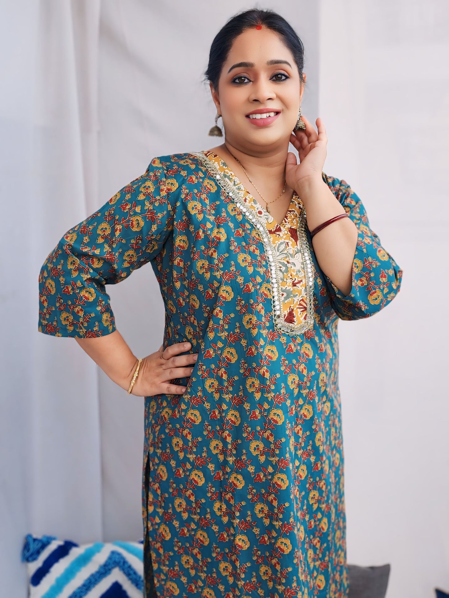 Teal Cotton Mirror Kurta