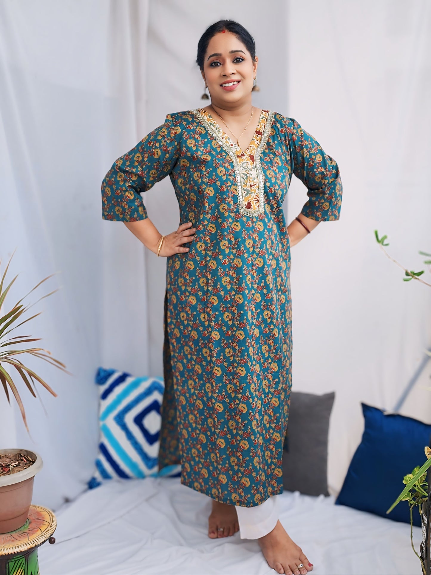 Teal Cotton Mirror Kurta