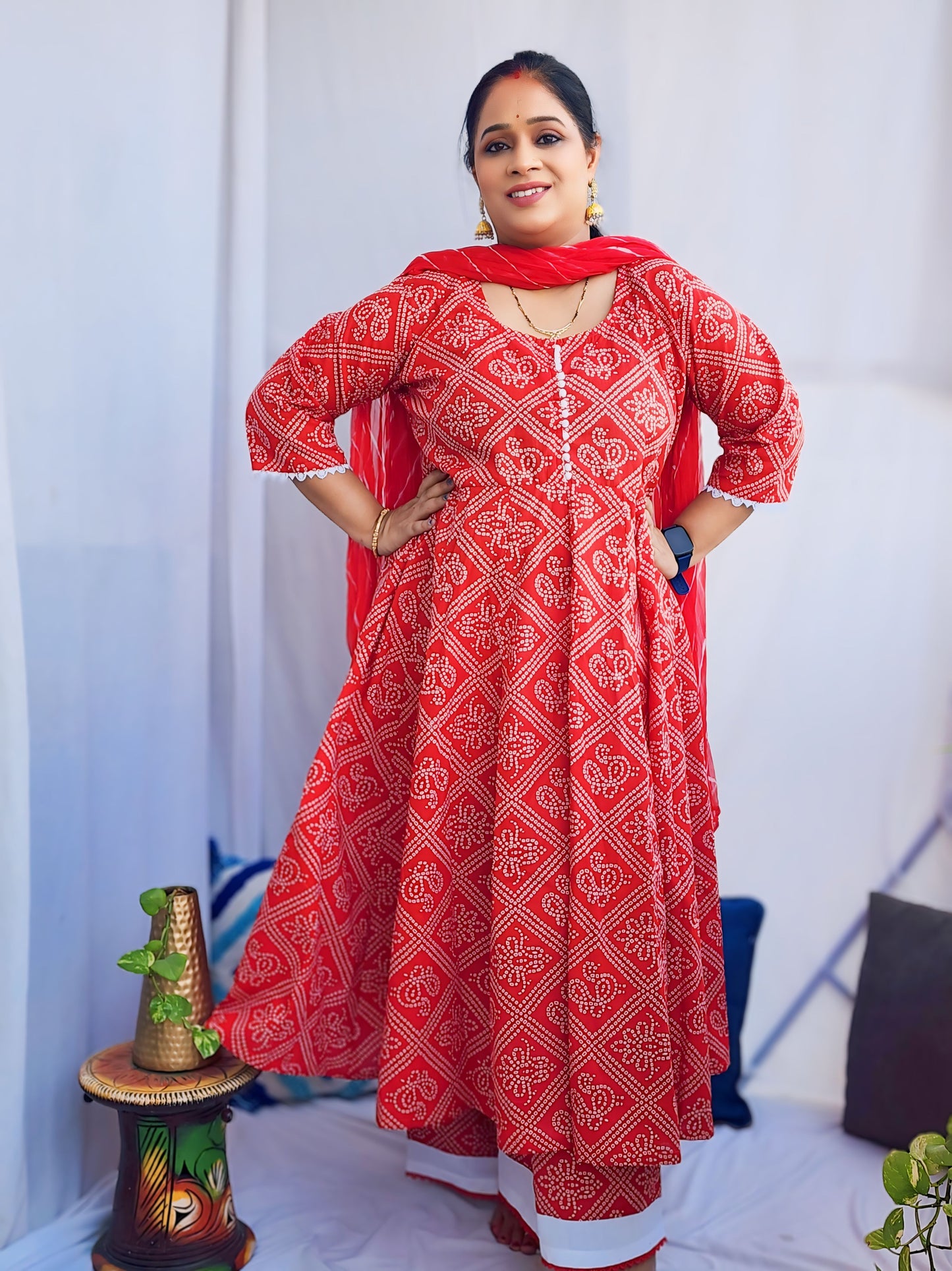 Bandhani Red Kali Kurta with Plazzo and Dupatta