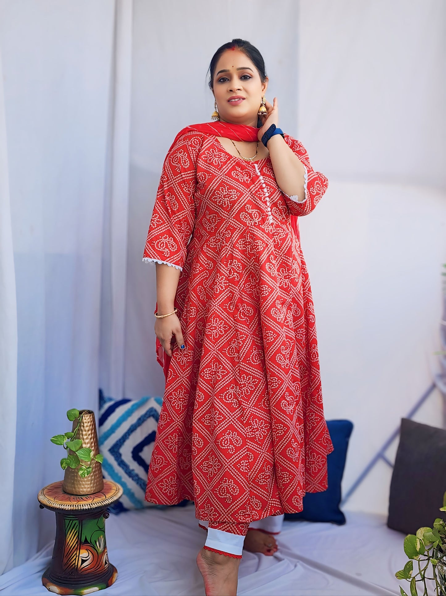 Bandhani Red Kali Kurta with Plazzo and Dupatta