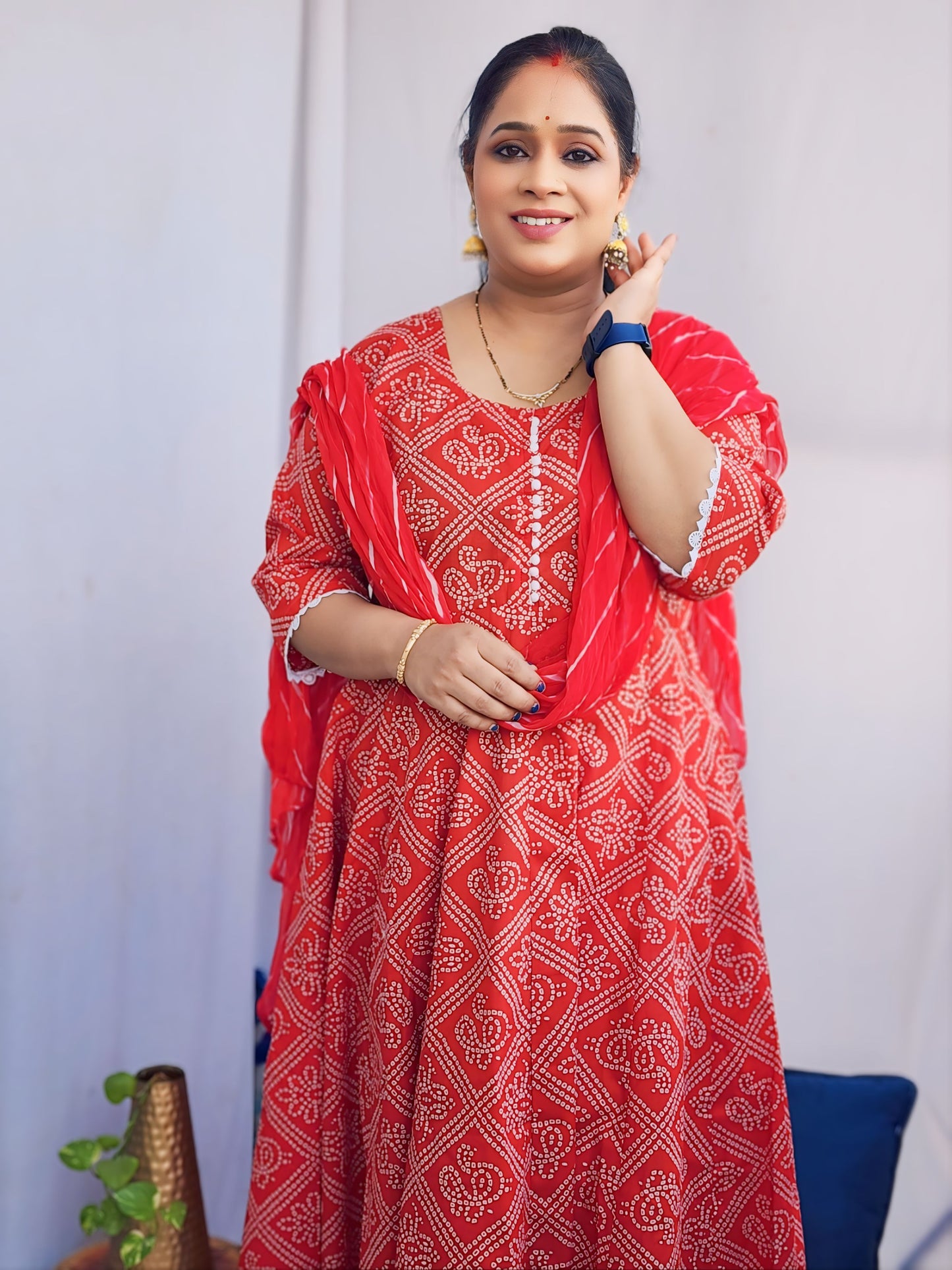 Bandhani Red Kali Kurta with Plazzo and Dupatta