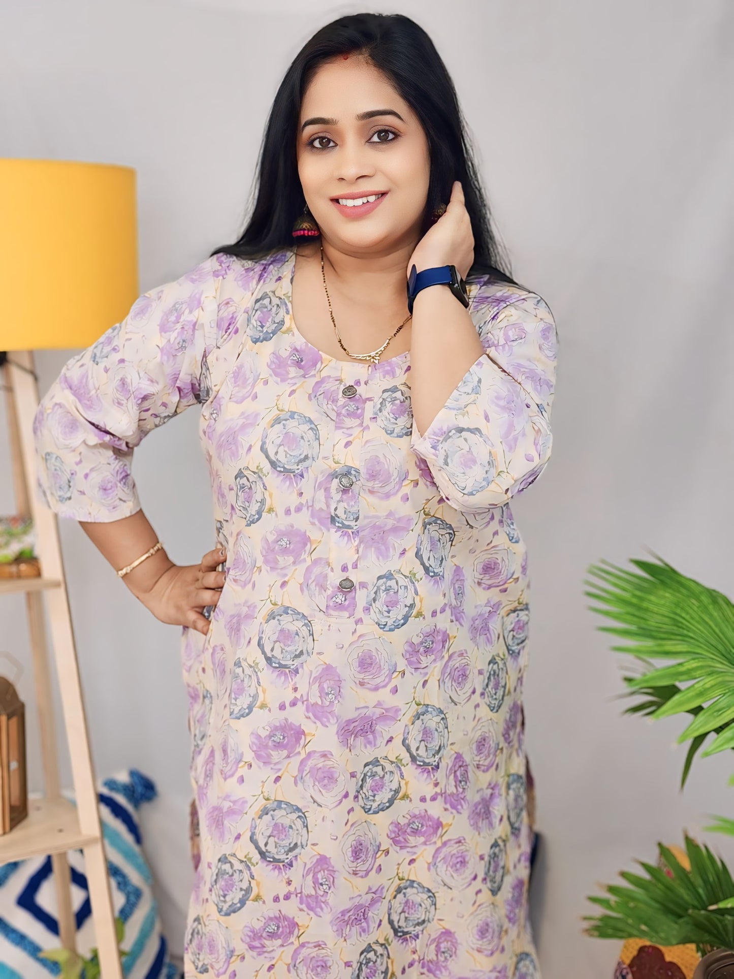 Purple Floral Antique button Kurta