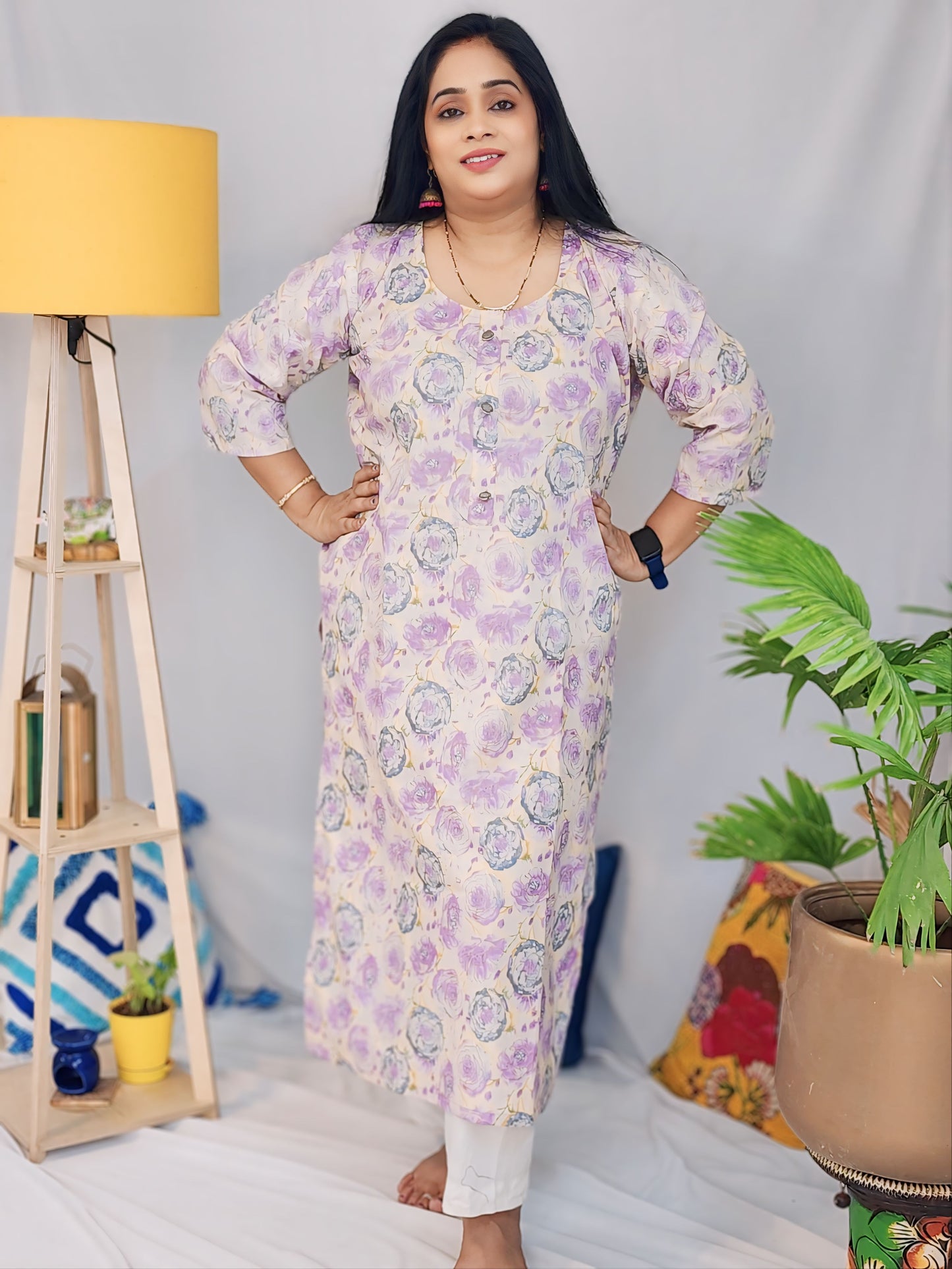 Purple Floral Antique button Kurta