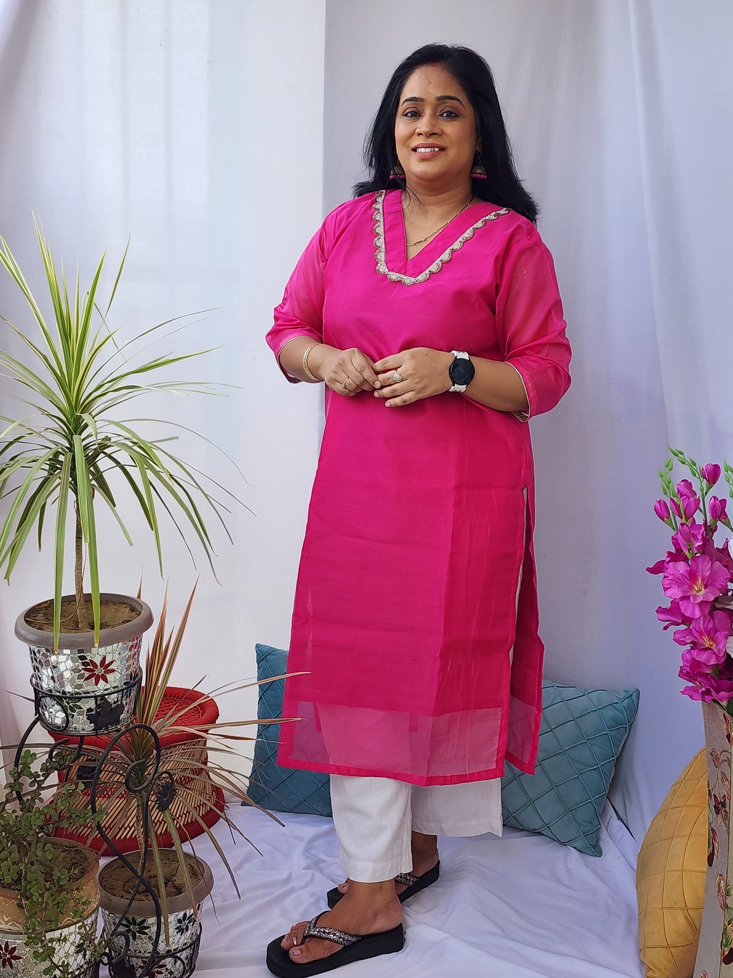 Hot Pink V neck Chanderi Kurta