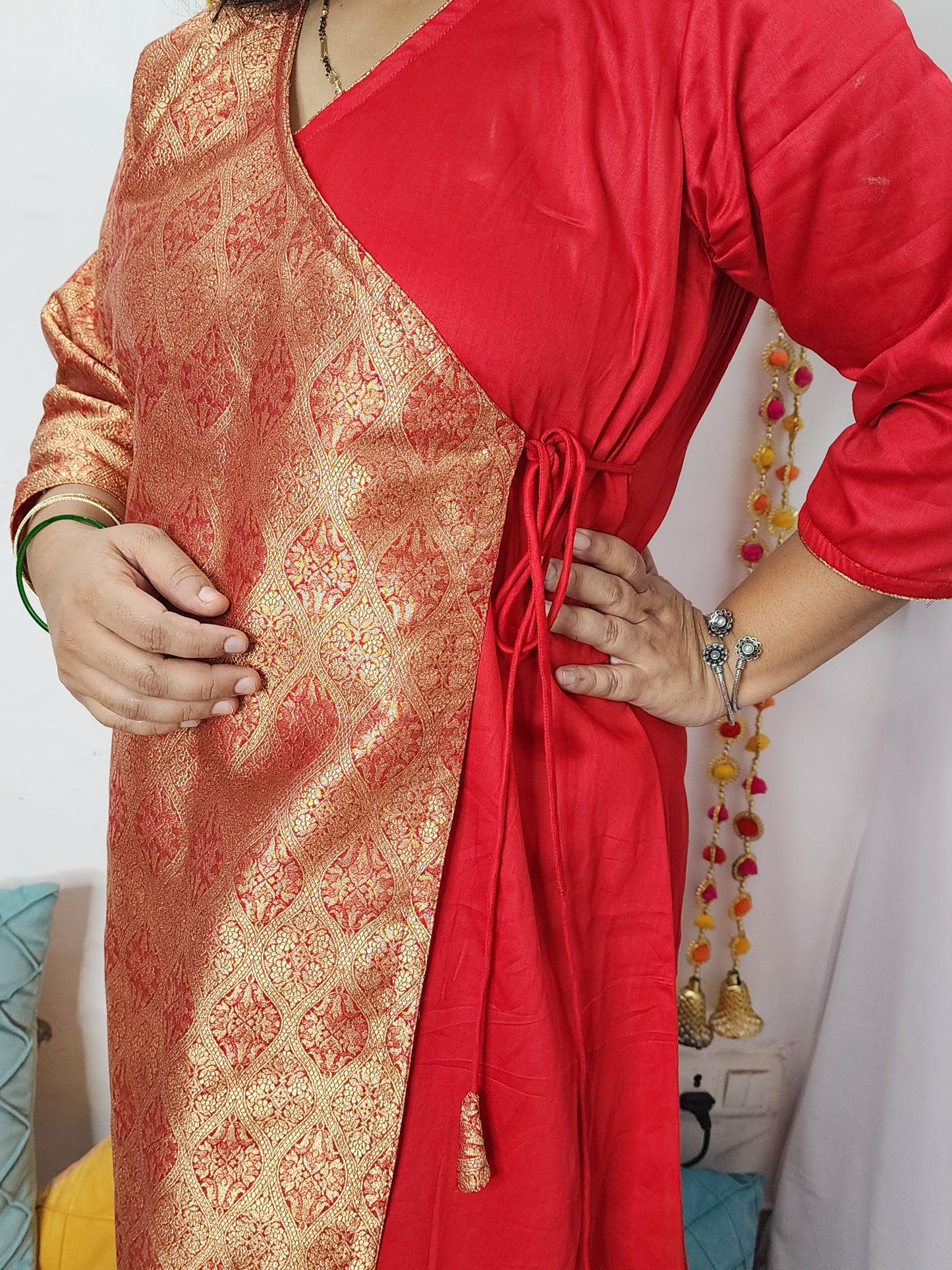 Banaras Red Angrakha Kurta with Pant