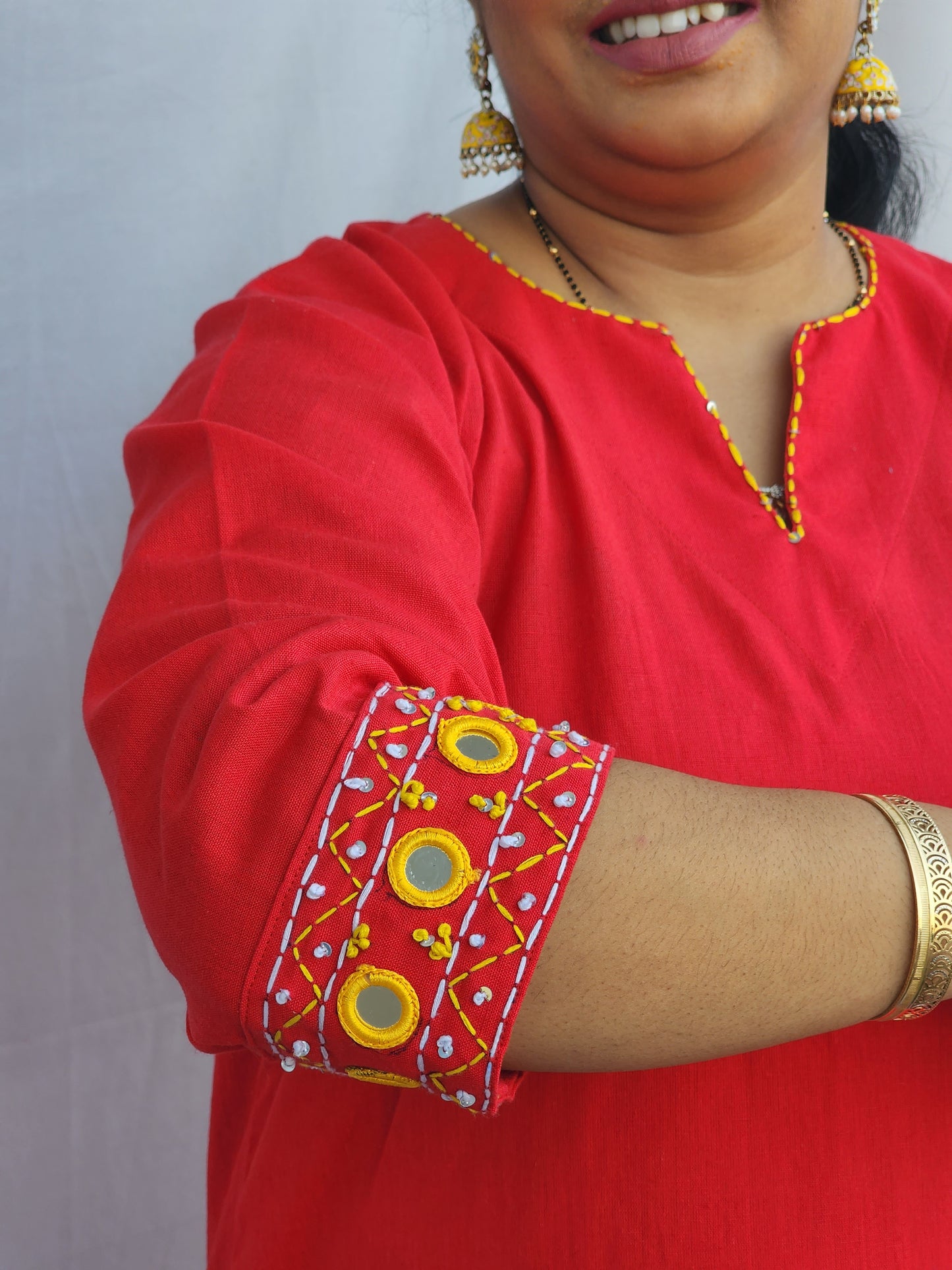 Red Mirror  Embroidered Kurta