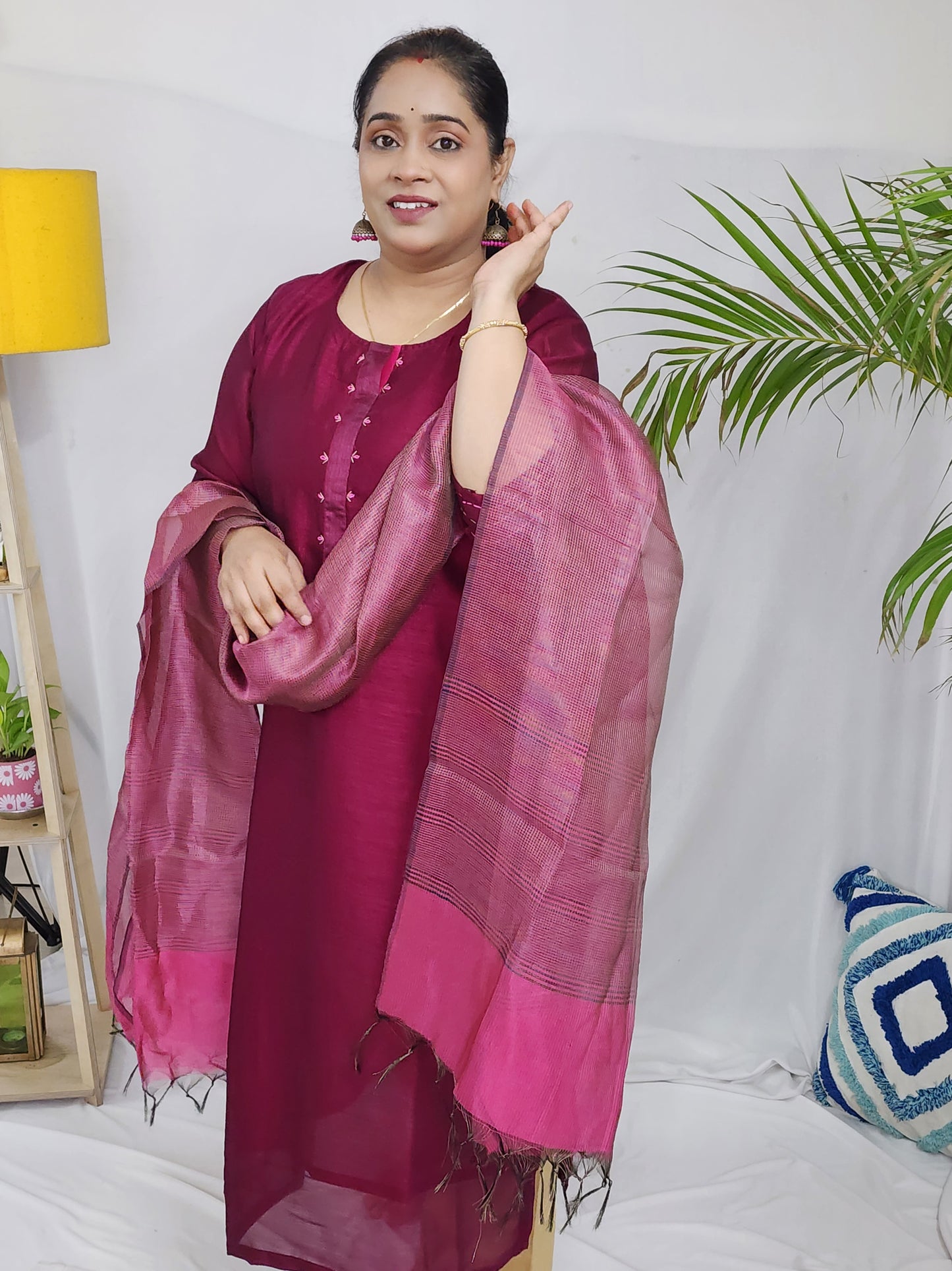 Plum Silk Embroidered Kurta with Dupatta