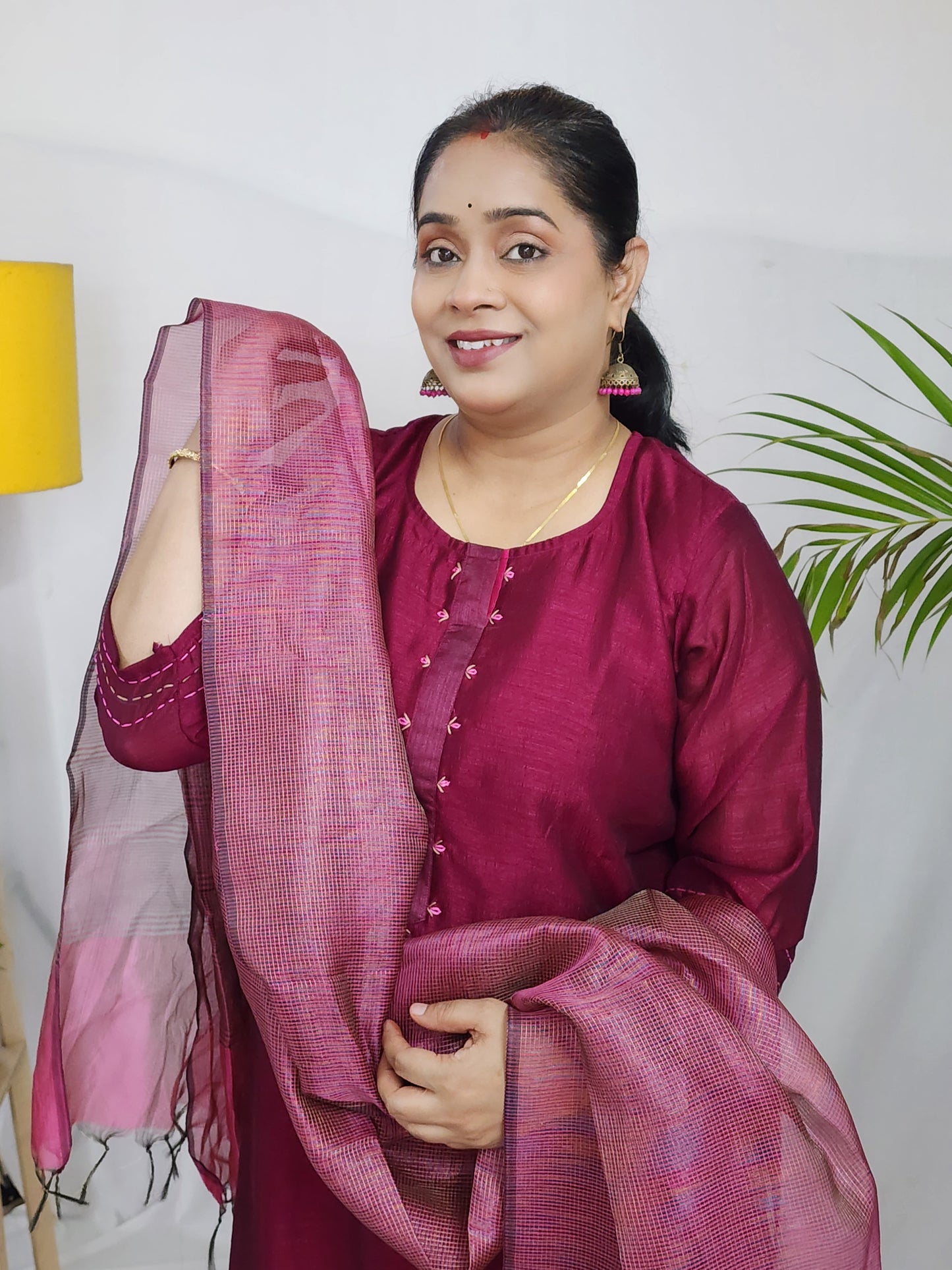 Plum Silk Embroidered Kurta with Dupatta