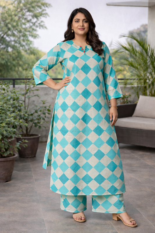 Teal Diamond Print Cotton Kurta Set