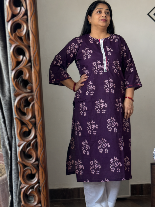 Plum cotton kurta for women with hand embroidered umbrella sleeves