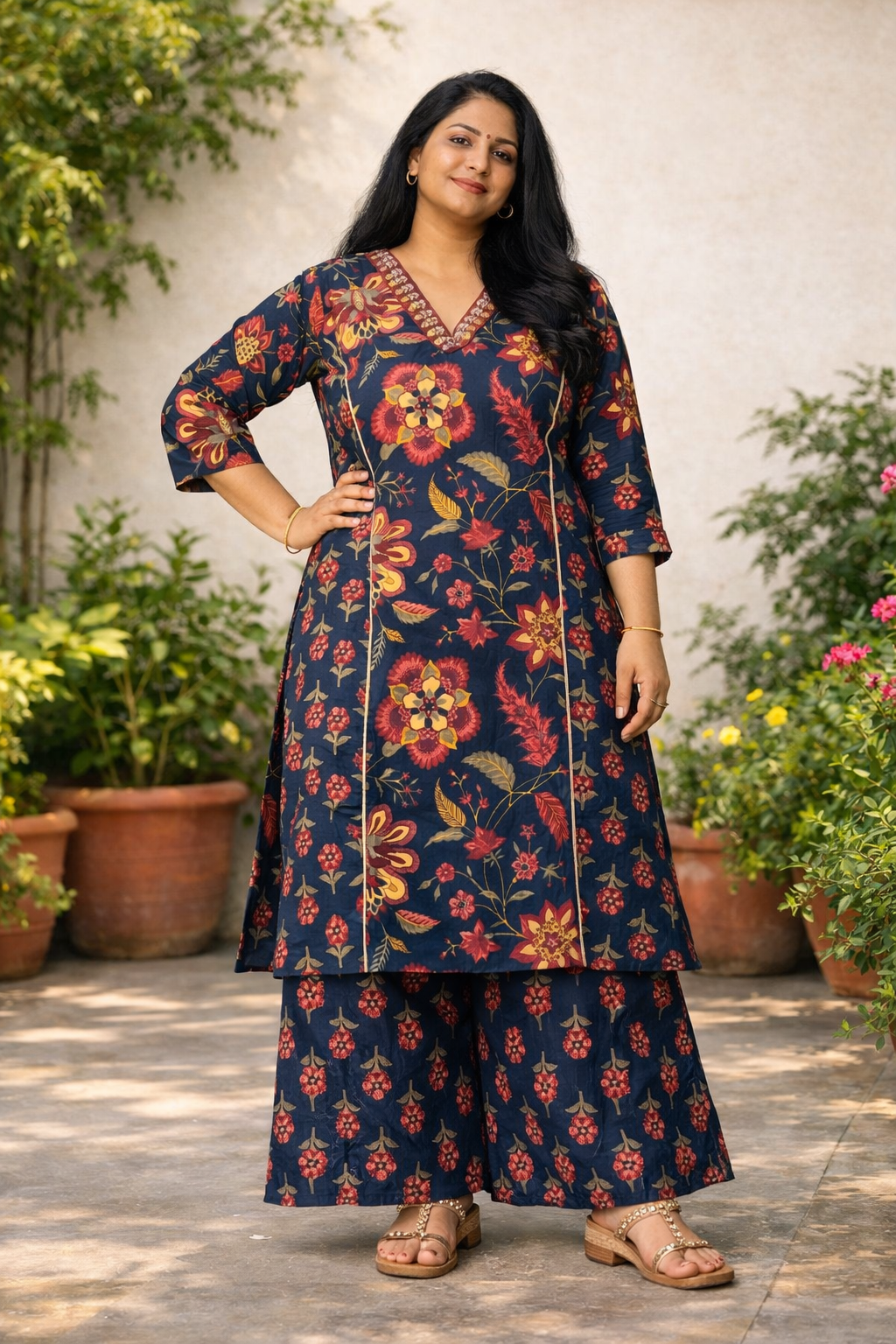 Midnight Bloom Cotton Kurta Palazzo Set