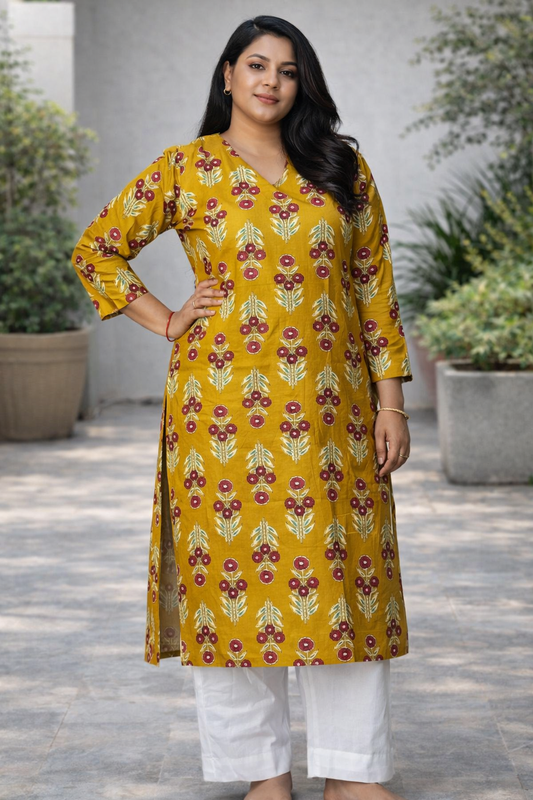Mustard Floral Cotton Kurta Set for Women |
