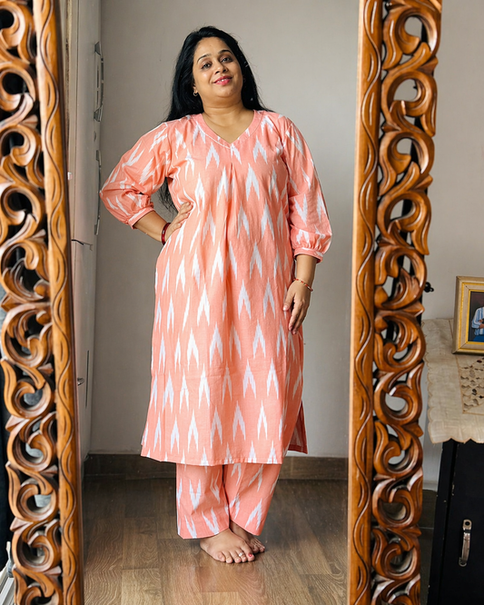 Peach Cotton Ikat Kurta Set for Women