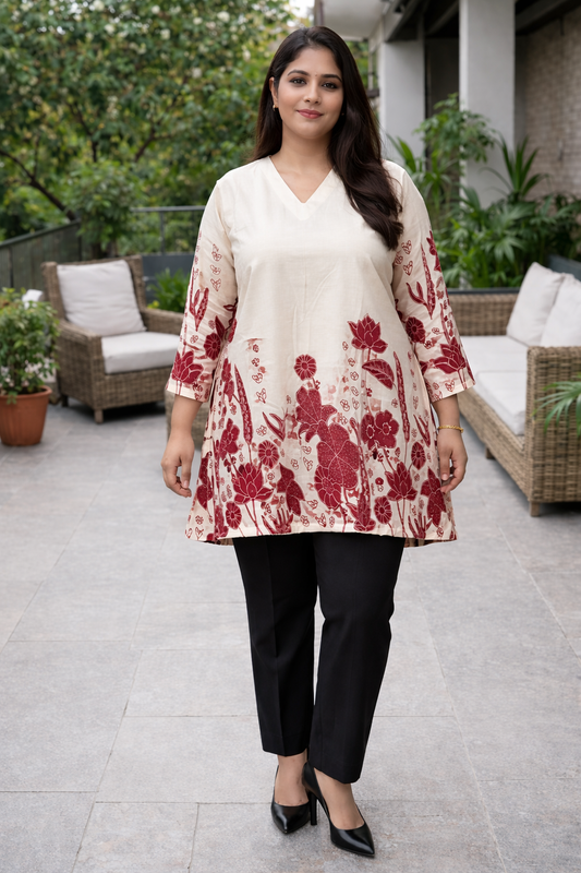 Ivory Floral Cotton A-Line Short Kurti for Office Wear