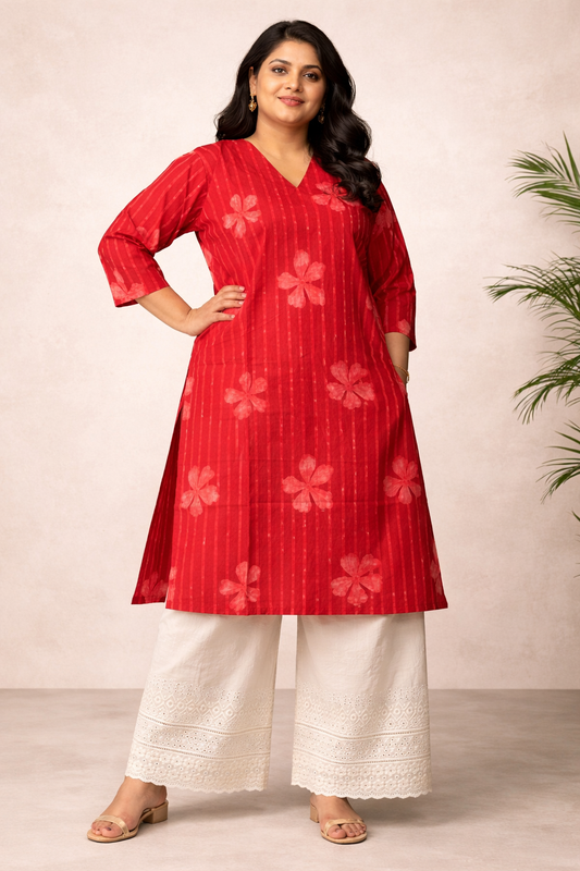 Red Floral Cotton Kurta Set with Chikanakri Palazzo