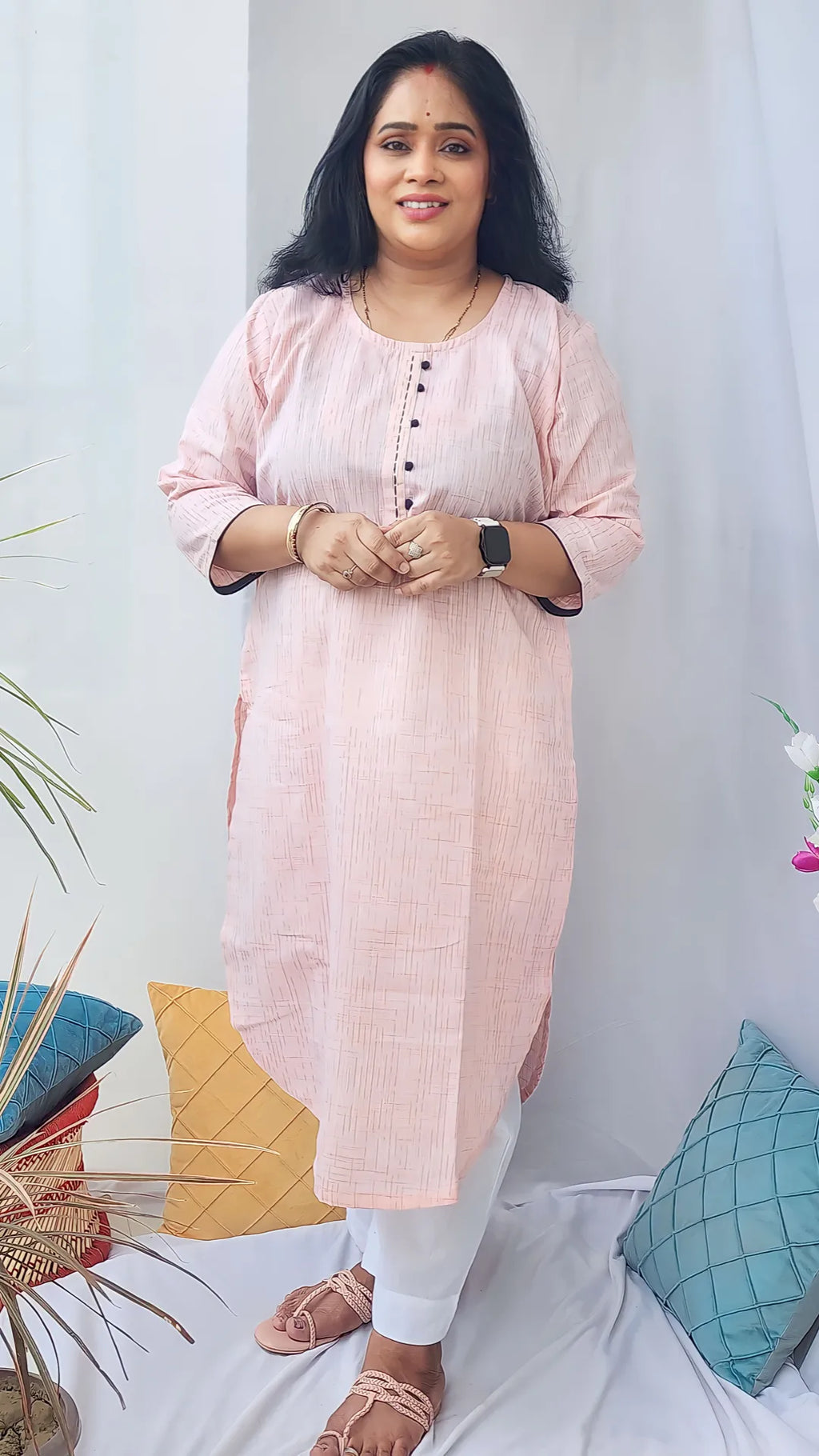 Khadi Peach Kurta with Thread Detailing.
