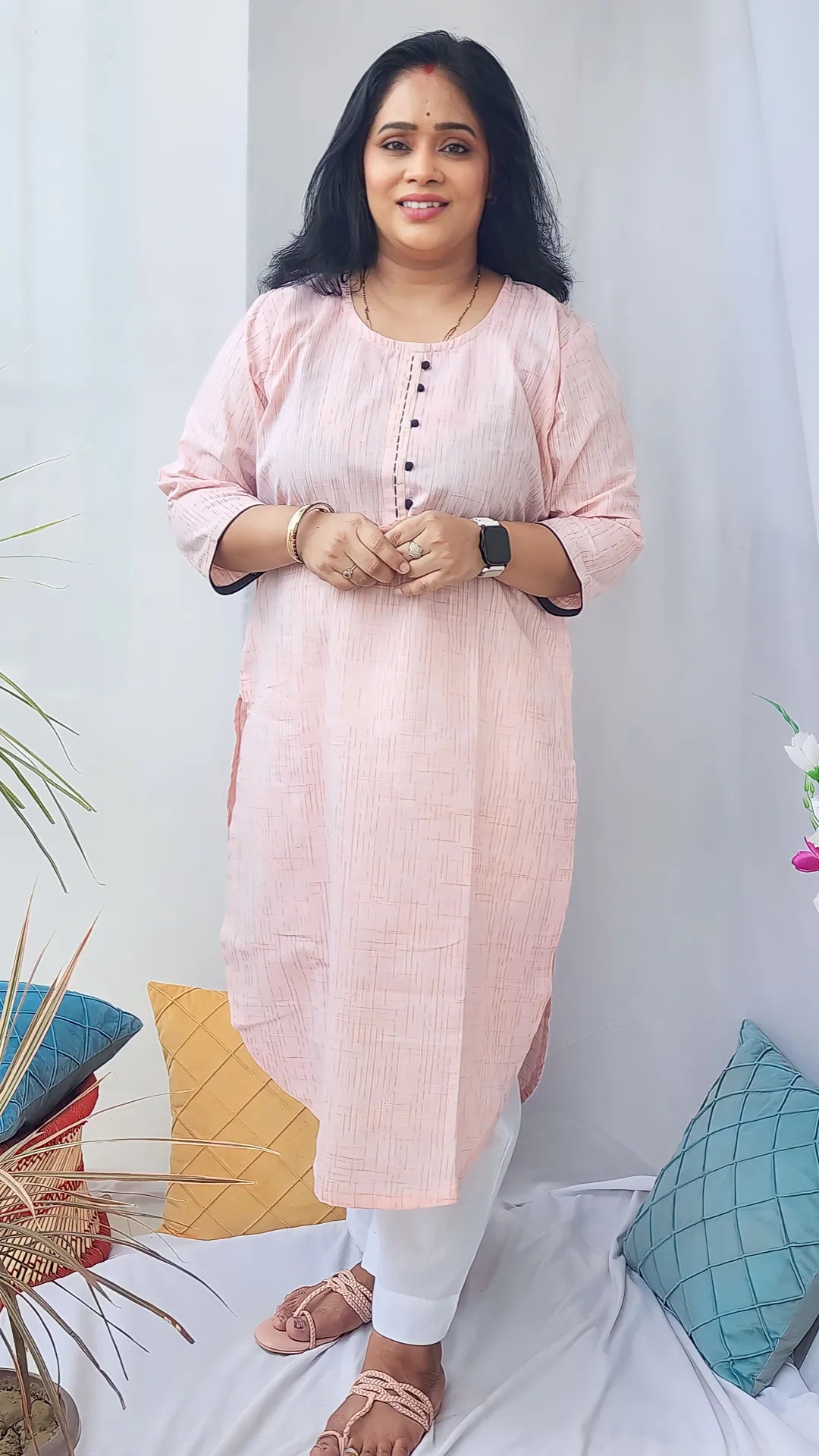 Khadi Peach Kurta with Tread Detailing.