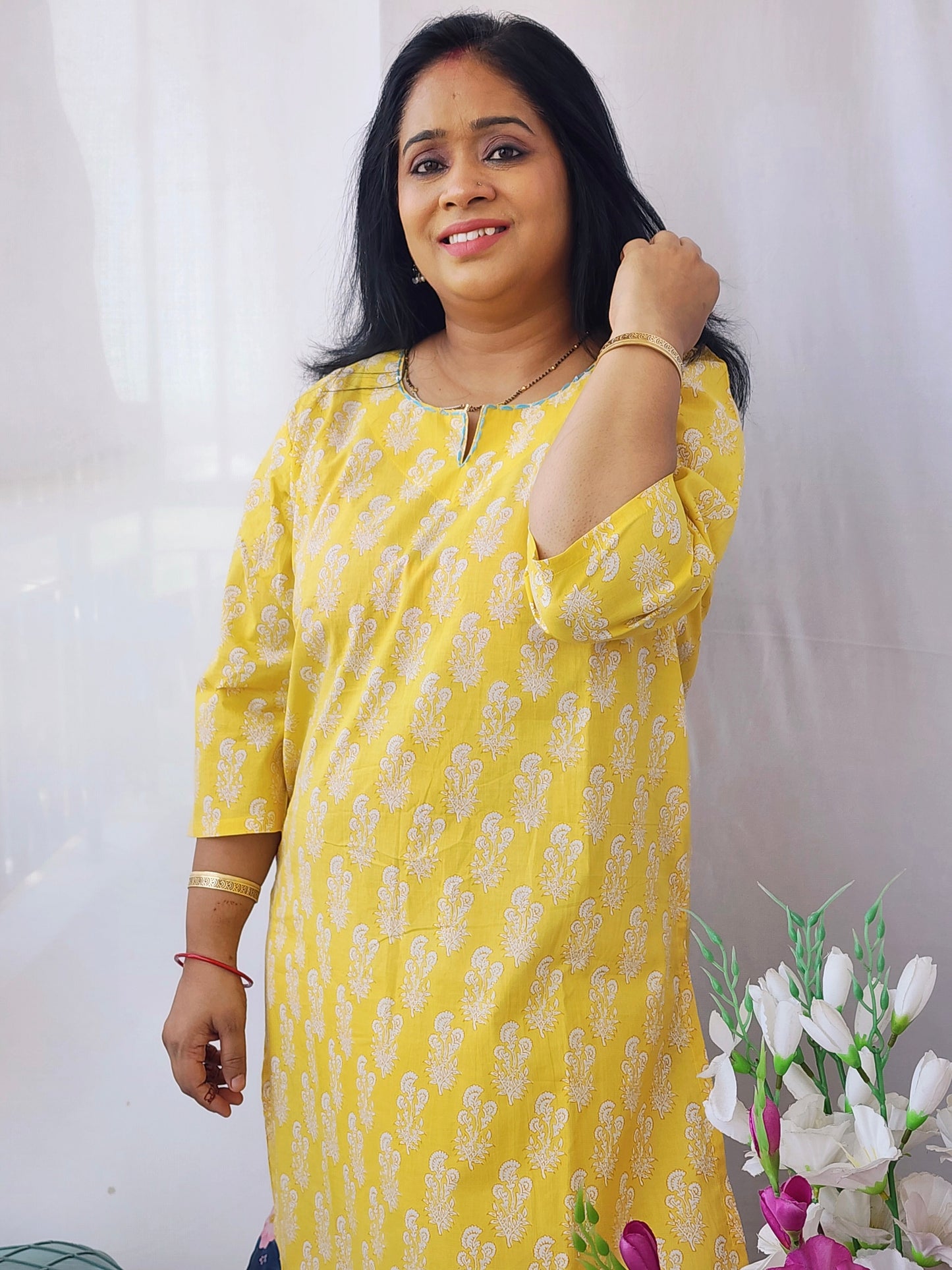 Yellow Cotton Thread Detailing Kurta