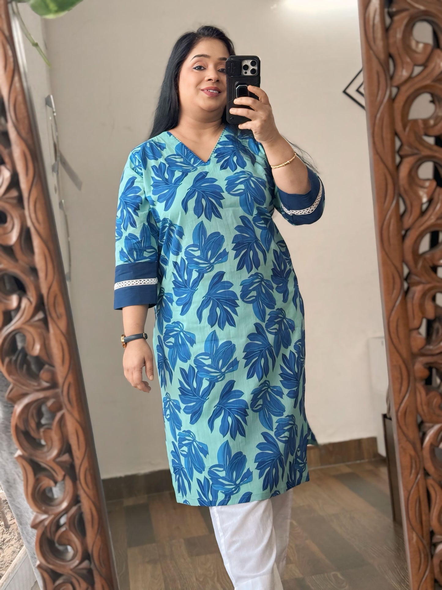 Teal Blue Floral Print Kurta