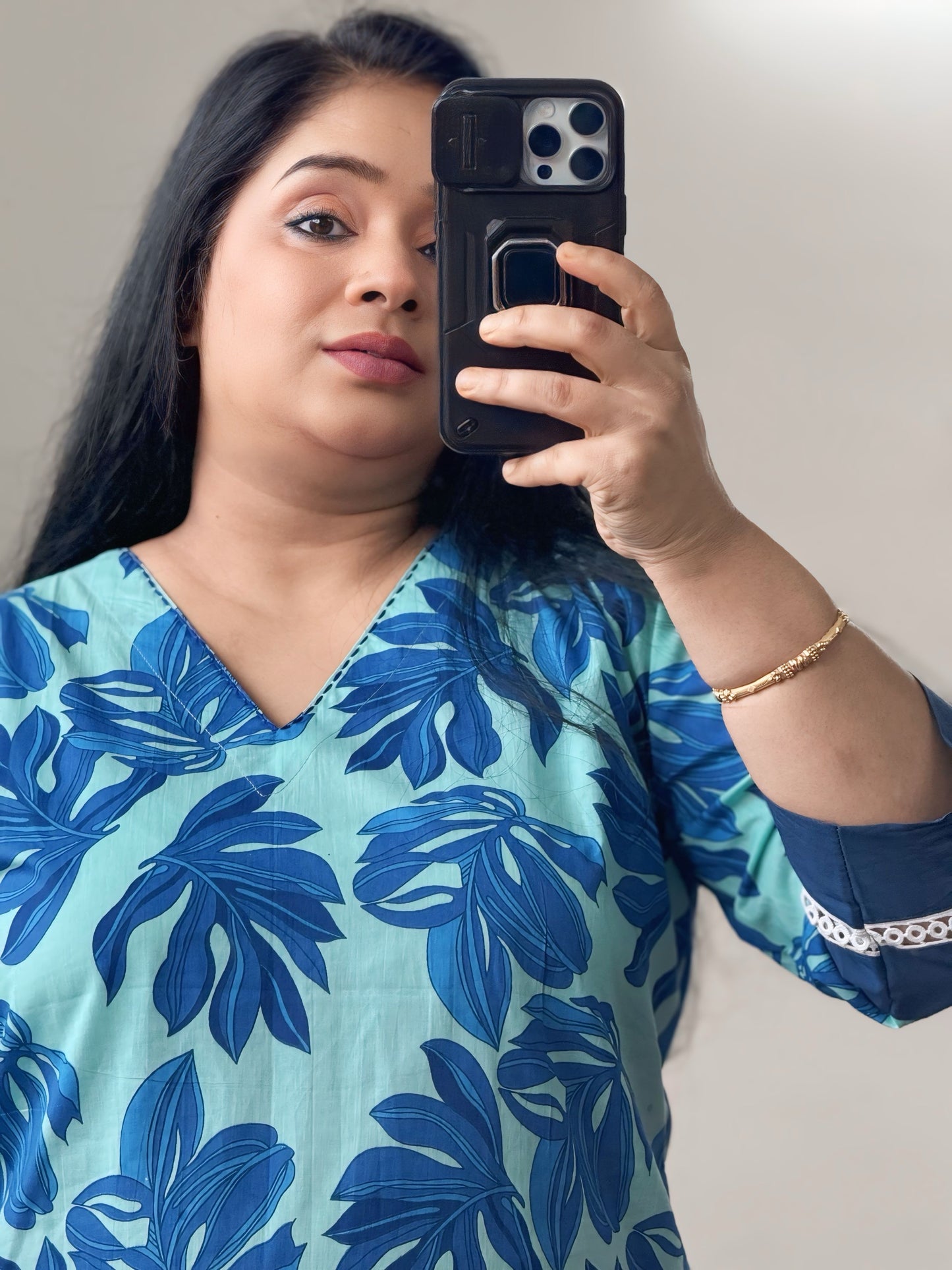 Teal Blue Floral Print Kurta