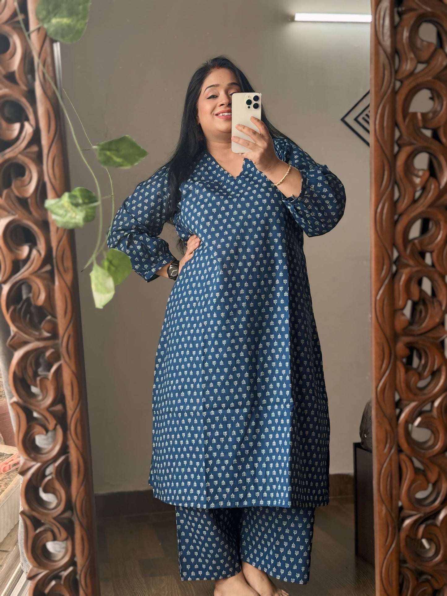 Indigo Ajrakh A- line Designer kurta Set