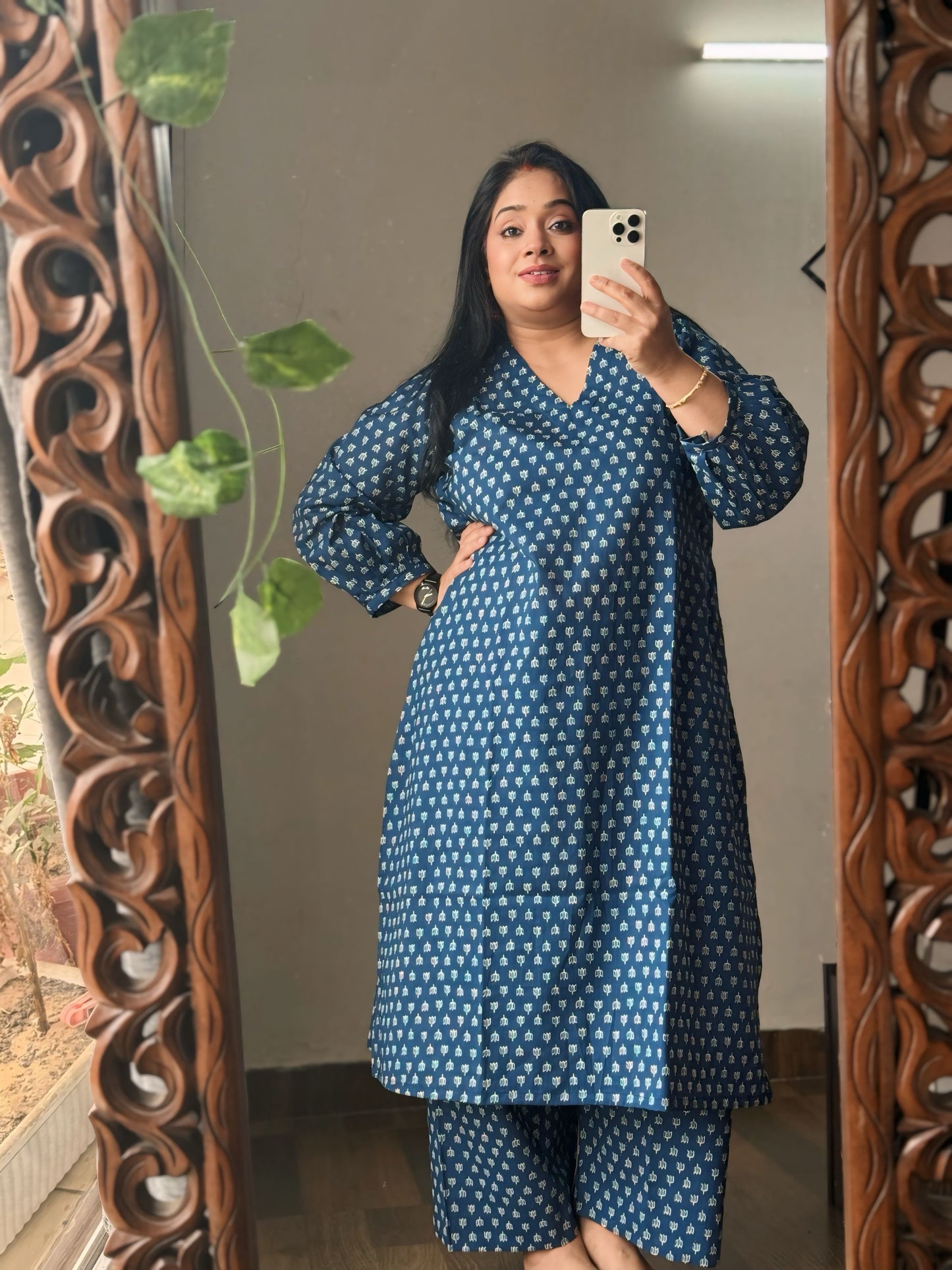 Indigo Ajrakh A- line Designer kurta Set