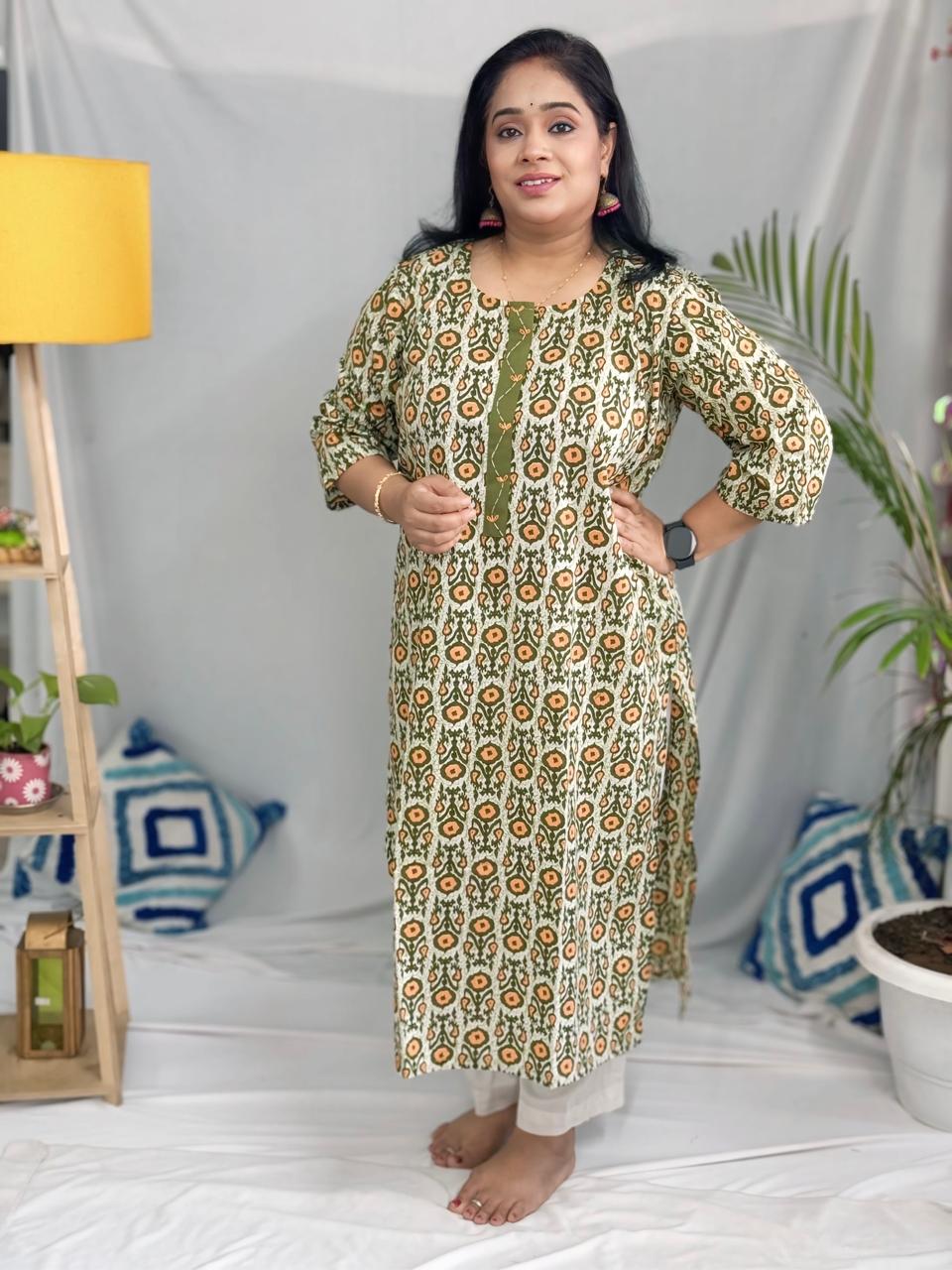 Shalini Cream Green Cotton Kurta