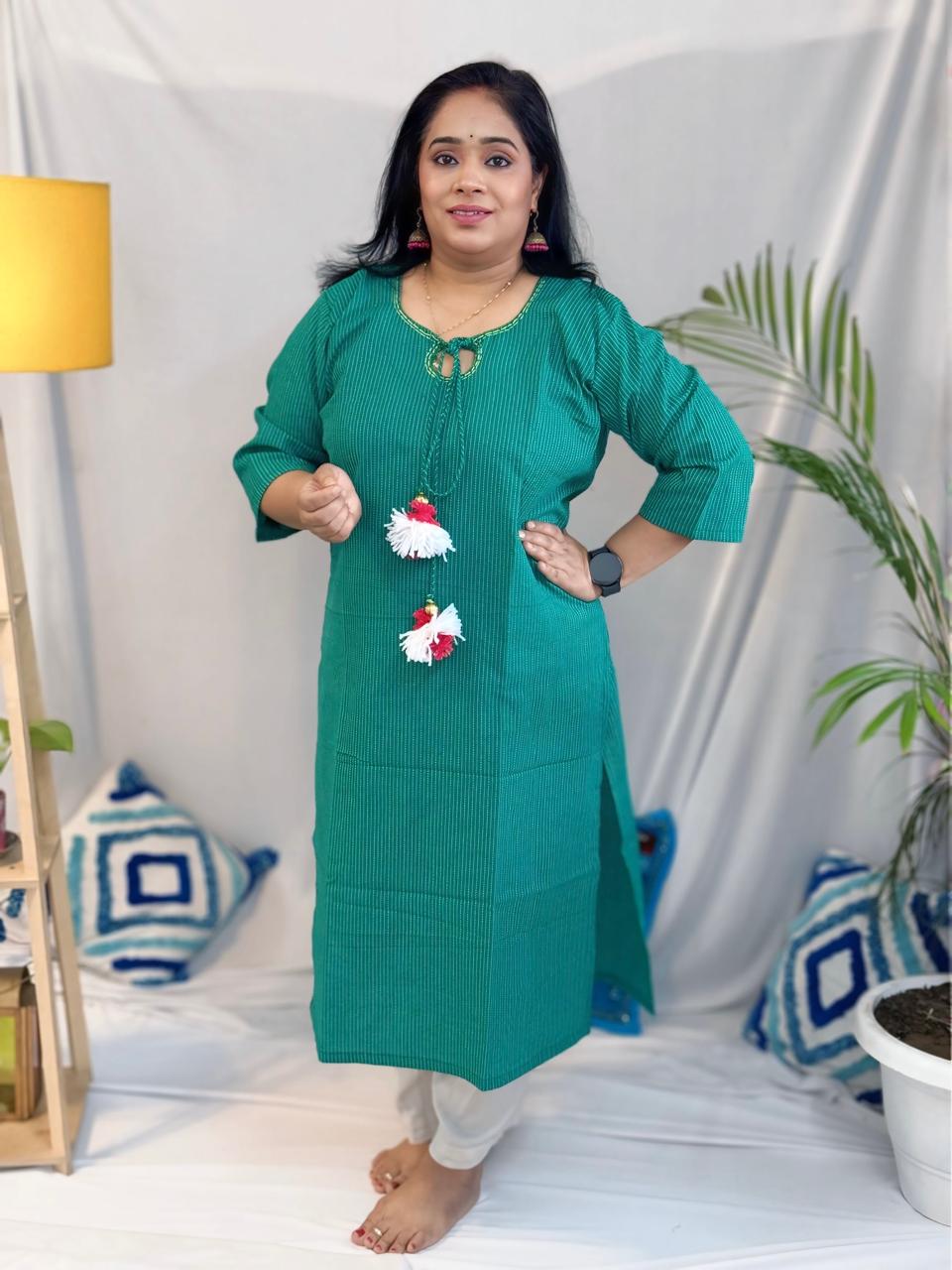 Mayuri Green Kantha Cotton Kurta