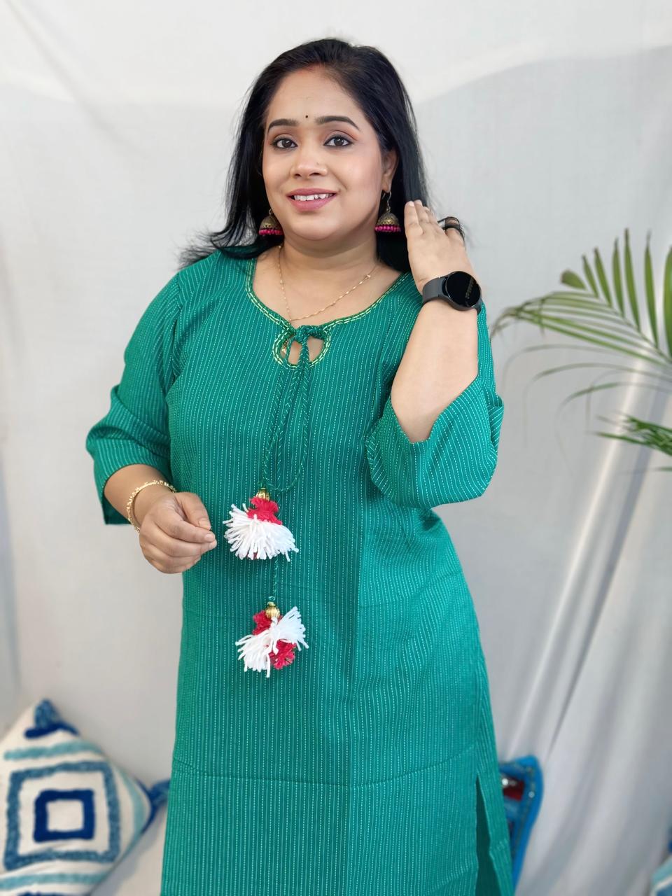 Mayuri Green Kantha Cotton Kurta