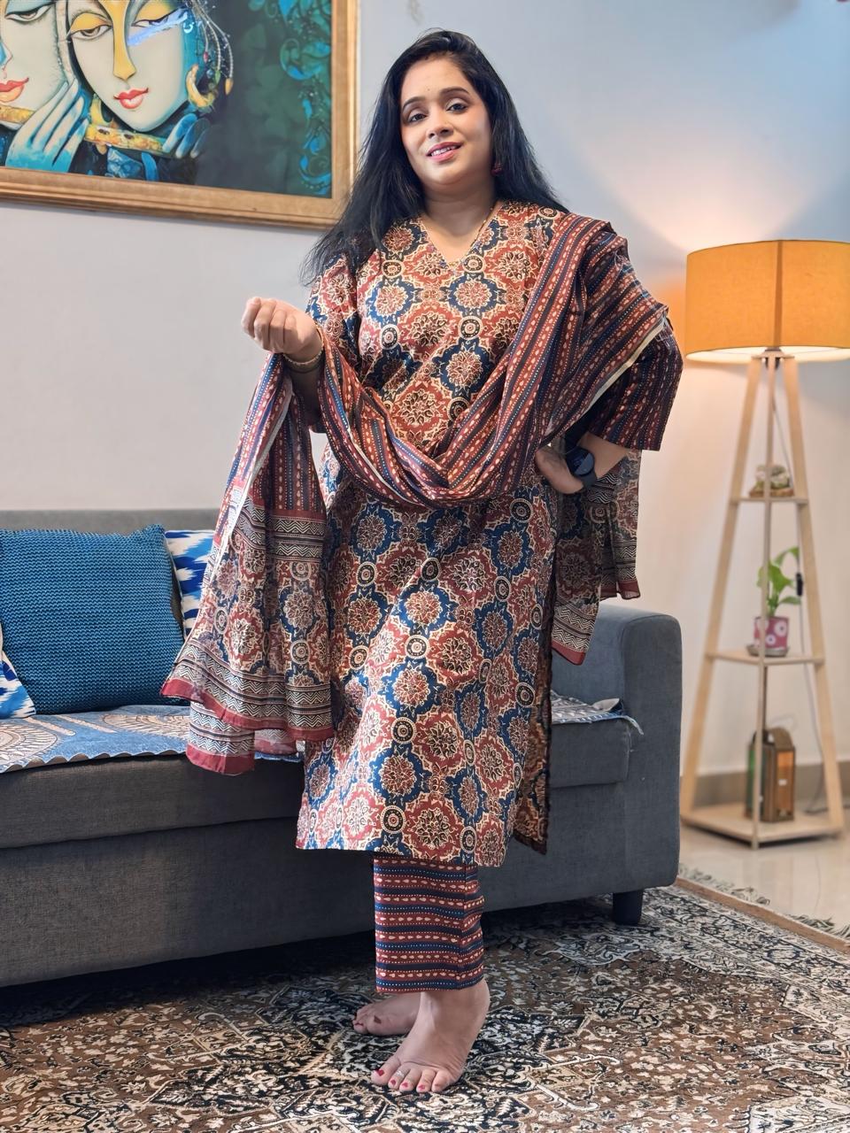 Ajrakh Blue Suit Set with Dupatta