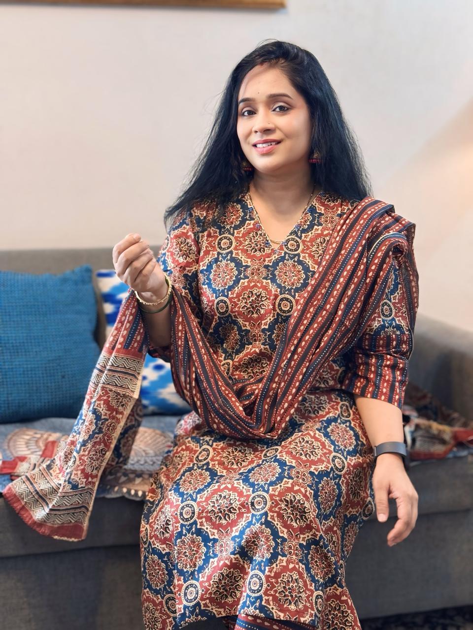 Ajrakh Blue Suit Set with Dupatta