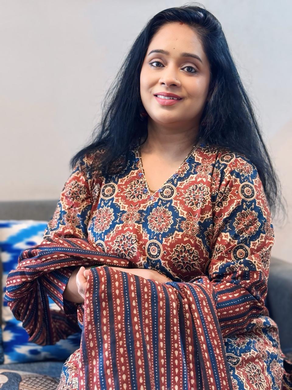 Ajrakh Blue Suit Set with Dupatta